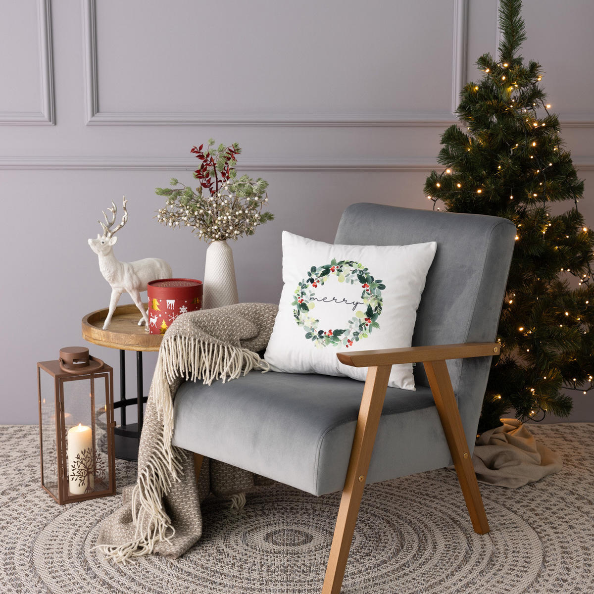 KISSENHÜLLE Merry Wreath 43x43 cm - Weiß, Textil (43/1cm) - Dekoria