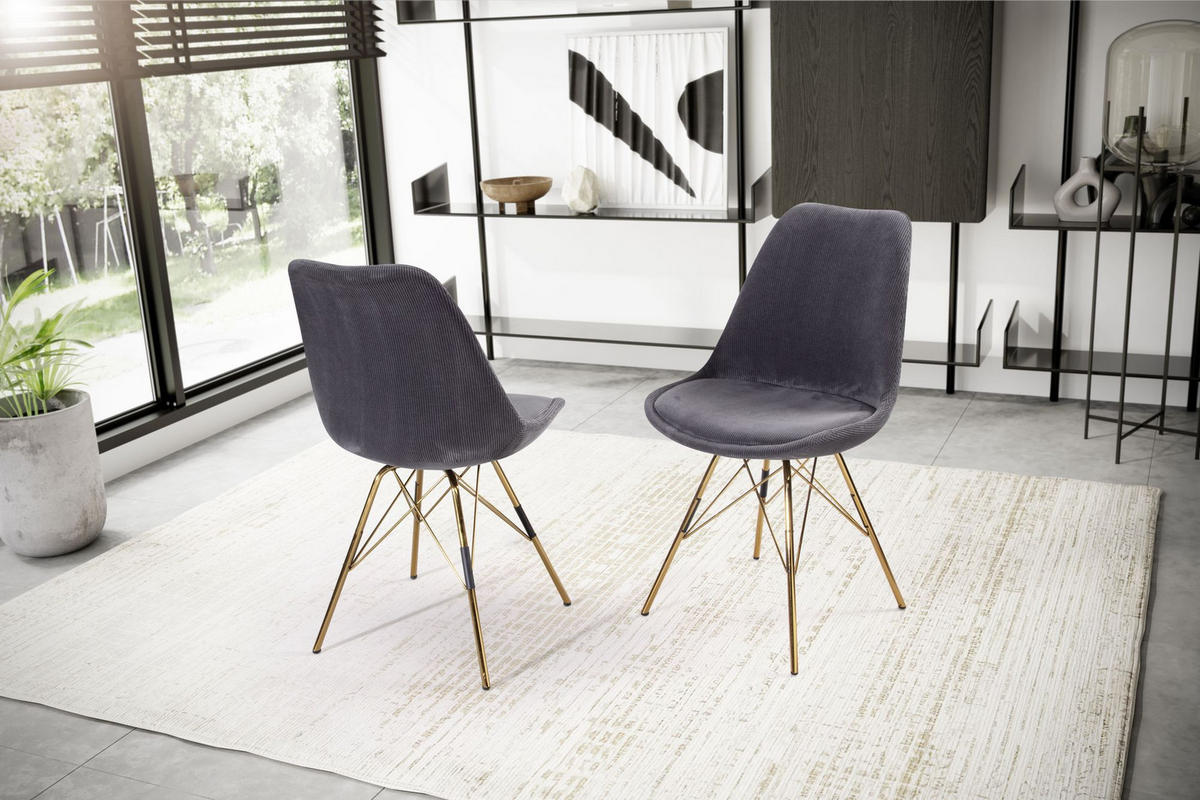 ESSZIMMERSTUHL 2er Set Cordstoff mit Metallgestell Schalenform Skandinavisch gepolstert, Anthrazit 48x58x85 cm - Anthrazit/Goldfarben, Textil/Metall (48/85/58cm) - KADIMA DESIGN