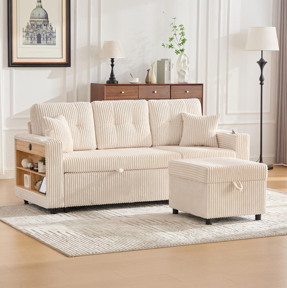 SCHLAFSOFA aus Cord 196x82-144x85 cm Beige mit Stauraum, USB-C, LED-Beleuchtung, Getränkehaltern und Ausziehfunktion - Beige, Textil (82/85/196cm) - Modfu