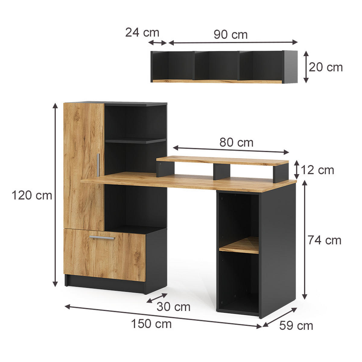 PÍSACÍ STÔL Tomy, antracitová/Dub Goldkraft, 150 x 59 cm Sada 4 ks - dub medový/antracitová, kompozitné drevo (59/150/120cm) - Vicco