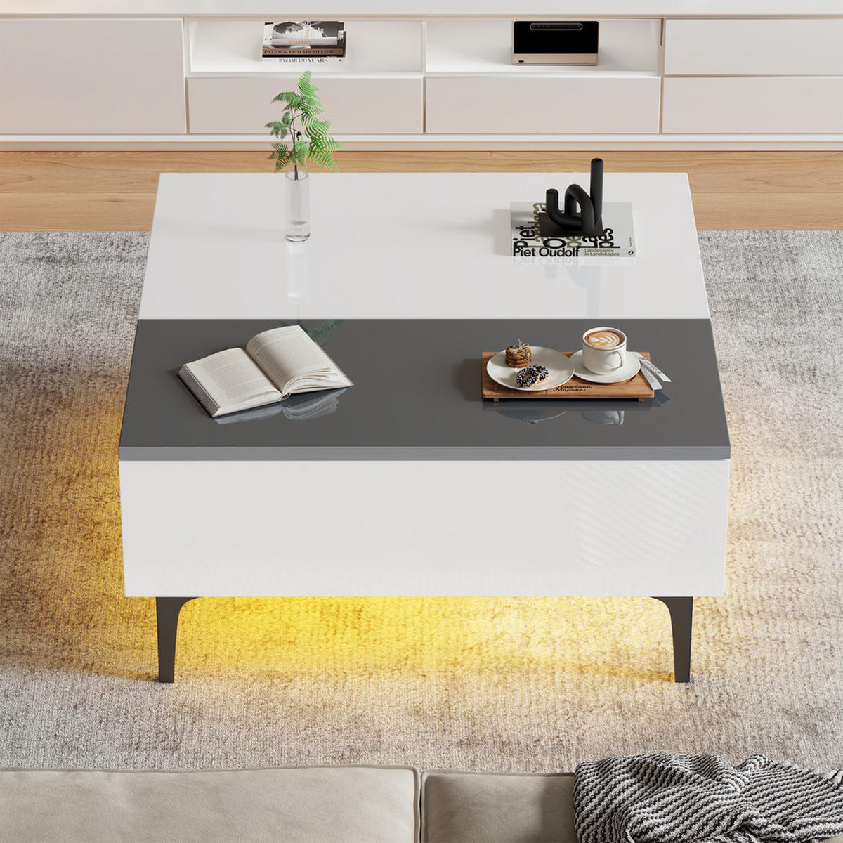 COUCHTISCH 70x70cm Weiß Höhenverstellbar LED Hochglanz Versteckter Stauraum - Weiß, Holz (92.08/50.8/17.15cm) - FLIEKS