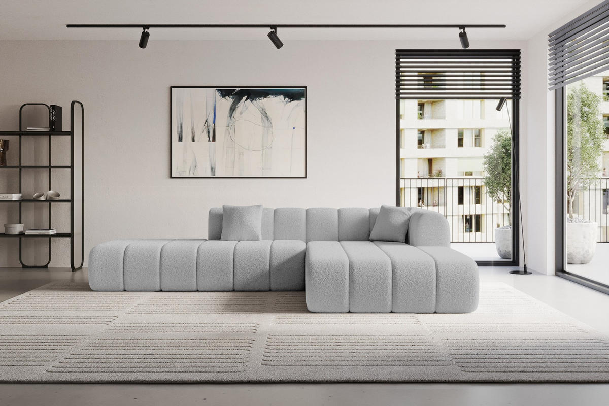 ROHOVÁ SEDAČKA s otomanem, pravá BILA-L 289x176x71 Světle šedá Buklé - černá/stříbrná, kompozitní dřevo/textil (289/176cm) - ALTDECOR