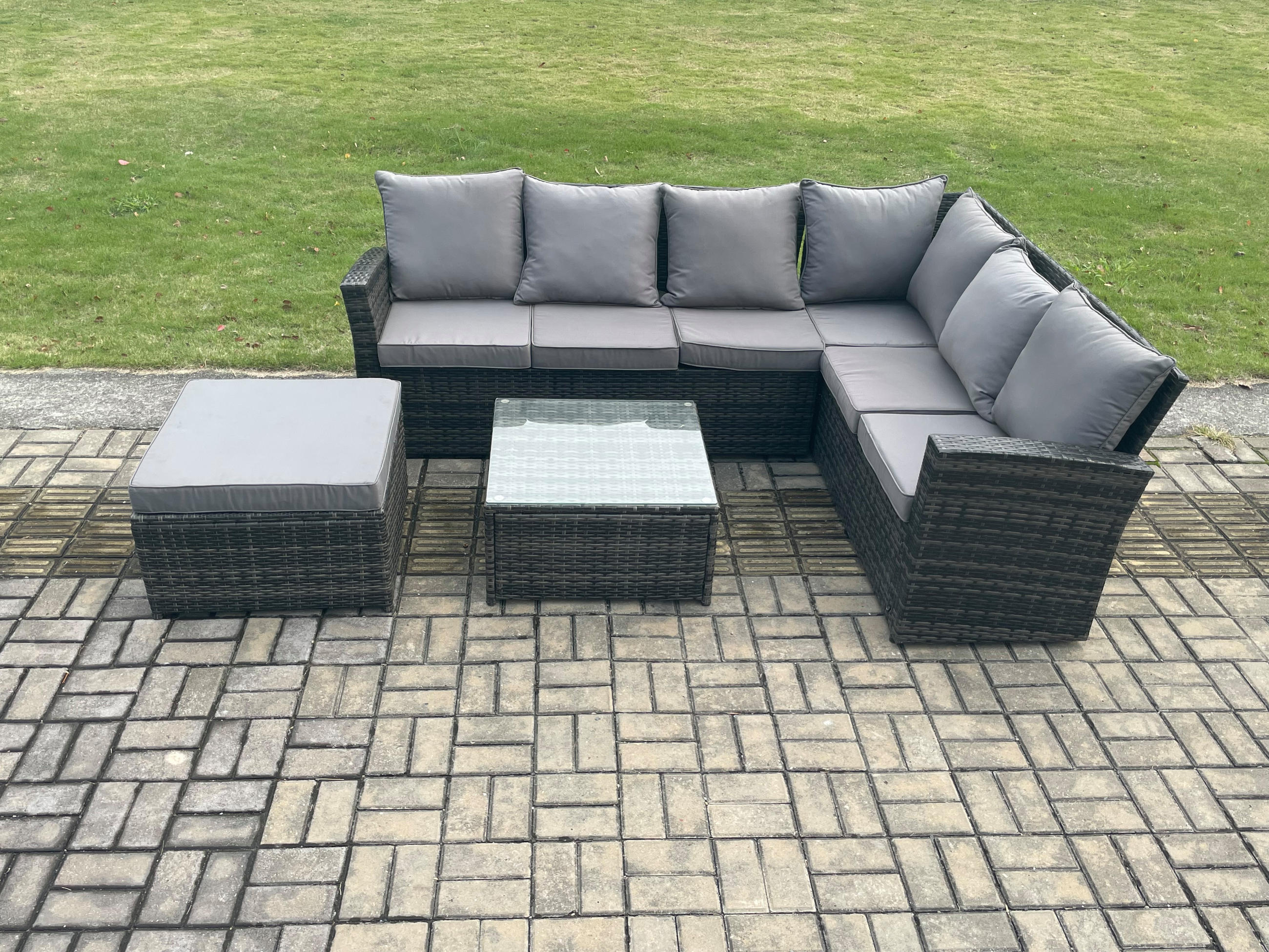 GARTENSOFA SET Hohe Rückenlehne Polyrattan Dunkelgrauer Mix 7-Sitzer - Dunkelgrau/Grau, Glas/Kunststoff - Fimous