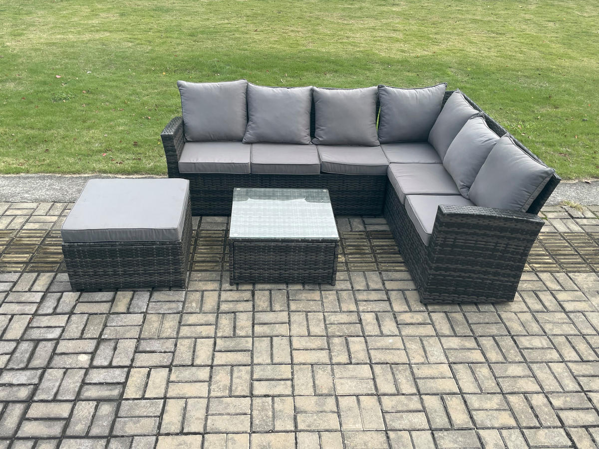 GARTENSOFA SET Hohe Rückenlehne Polyrattan Dunkelgrauer Mix 7-Sitzer - Dunkelgrau/Grau, Glas/Kunststoff - Fimous