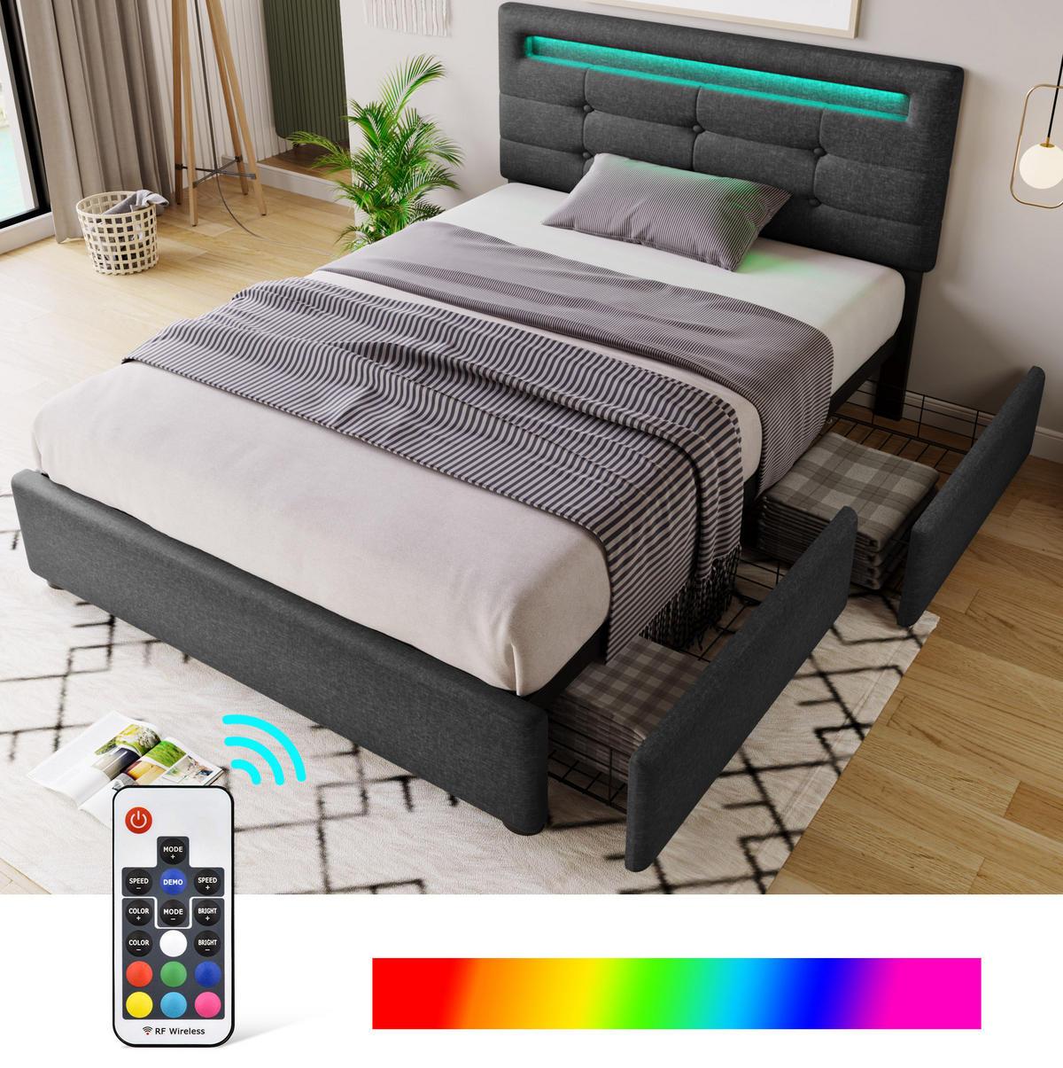 ČALÚNENÁ posteľ 90x200 cm sivá z ľanového materiálu s LED osvetlením, 2 zásuvkami a nastaviteľným čelom - sivá, textil (90/200cm) - Modfu