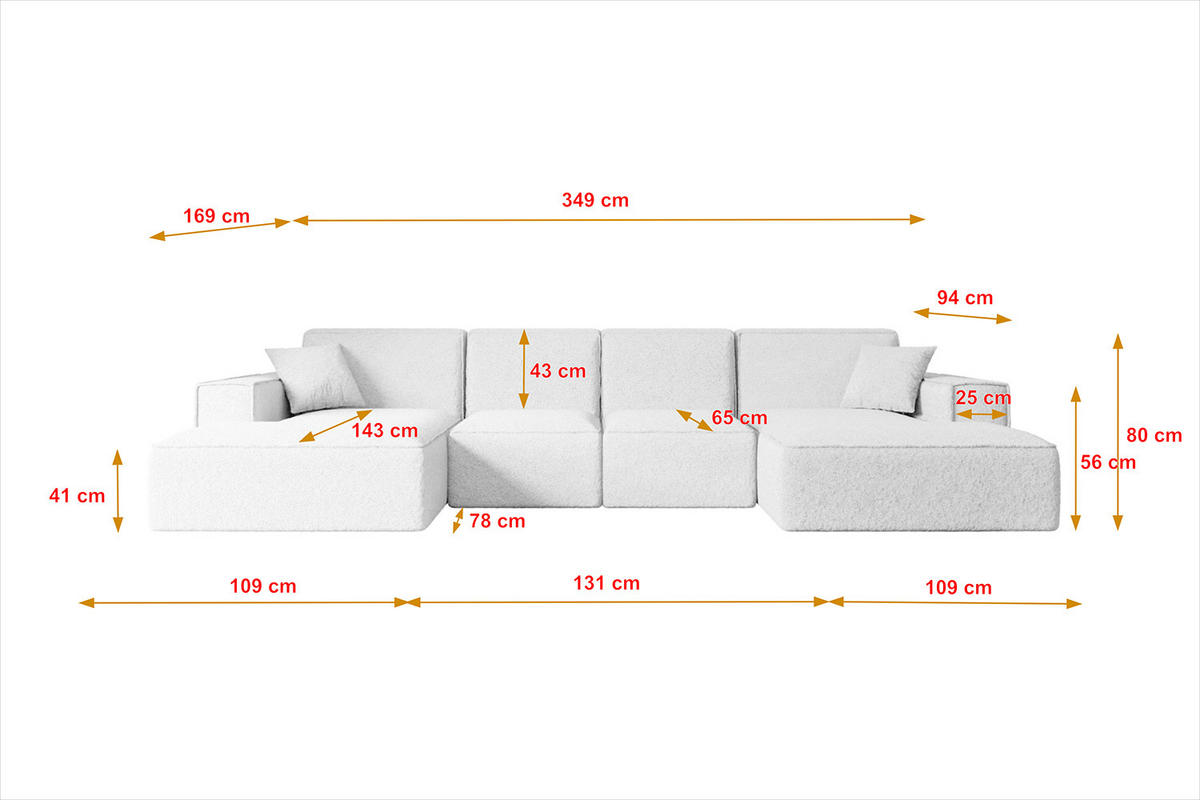 WOHNLANDSCHAFT SIERRA-U - 349x169x80 cm Weiß Bouclé - Schwarz/Weiß, Holzwerkstoff/Kunststoff (349/80/169cm) - ALTDECOR