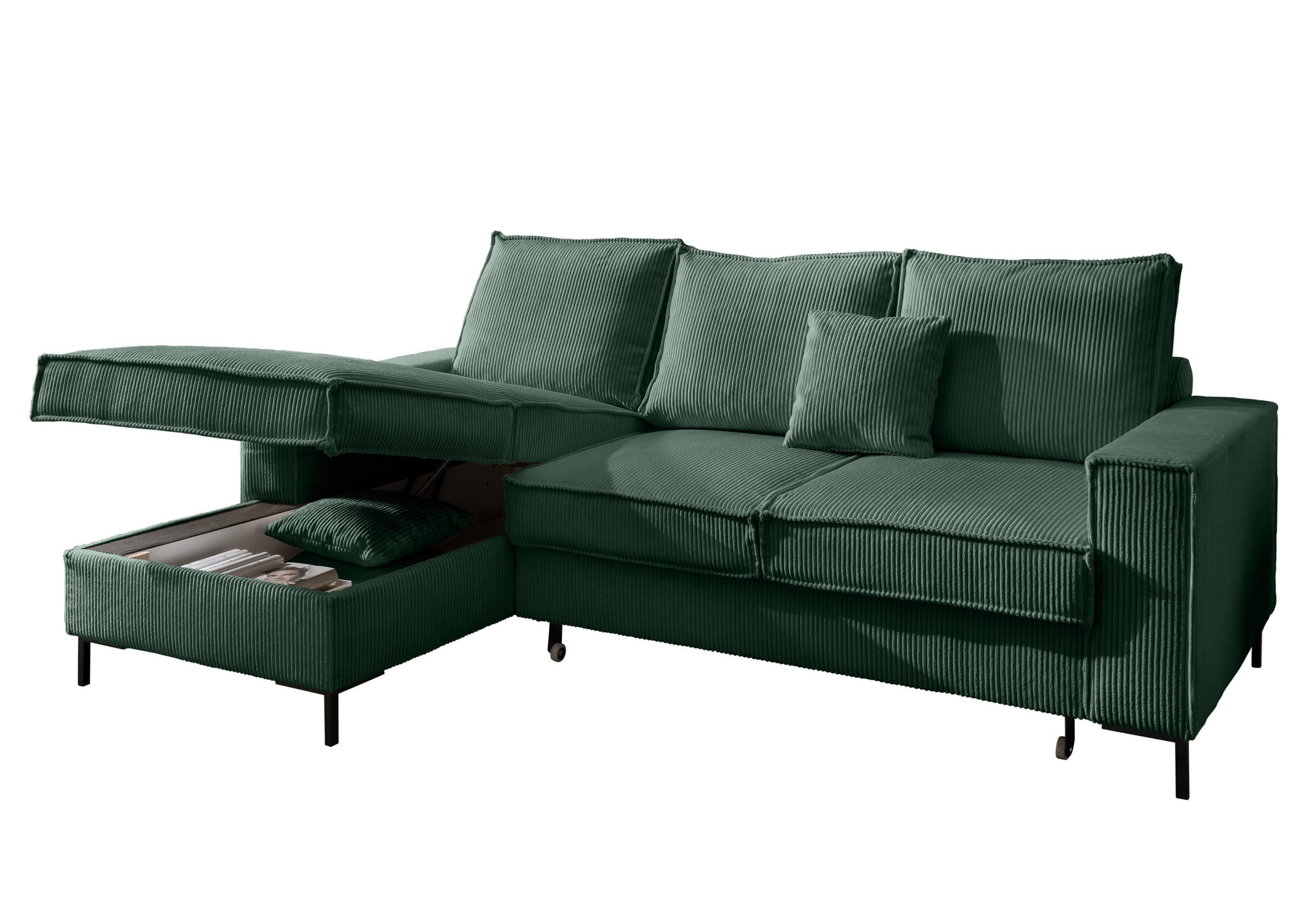ECKSOFA mit Schlaffunktion, Bettkasten, Wellenunterfederung, Récamiere links B240/T150/H92 cm, Liegefl. 125x198 cm, Cord Grün / 17224 - Schwarz/Grün, Textil/Metall (240/150cm) - luma-home