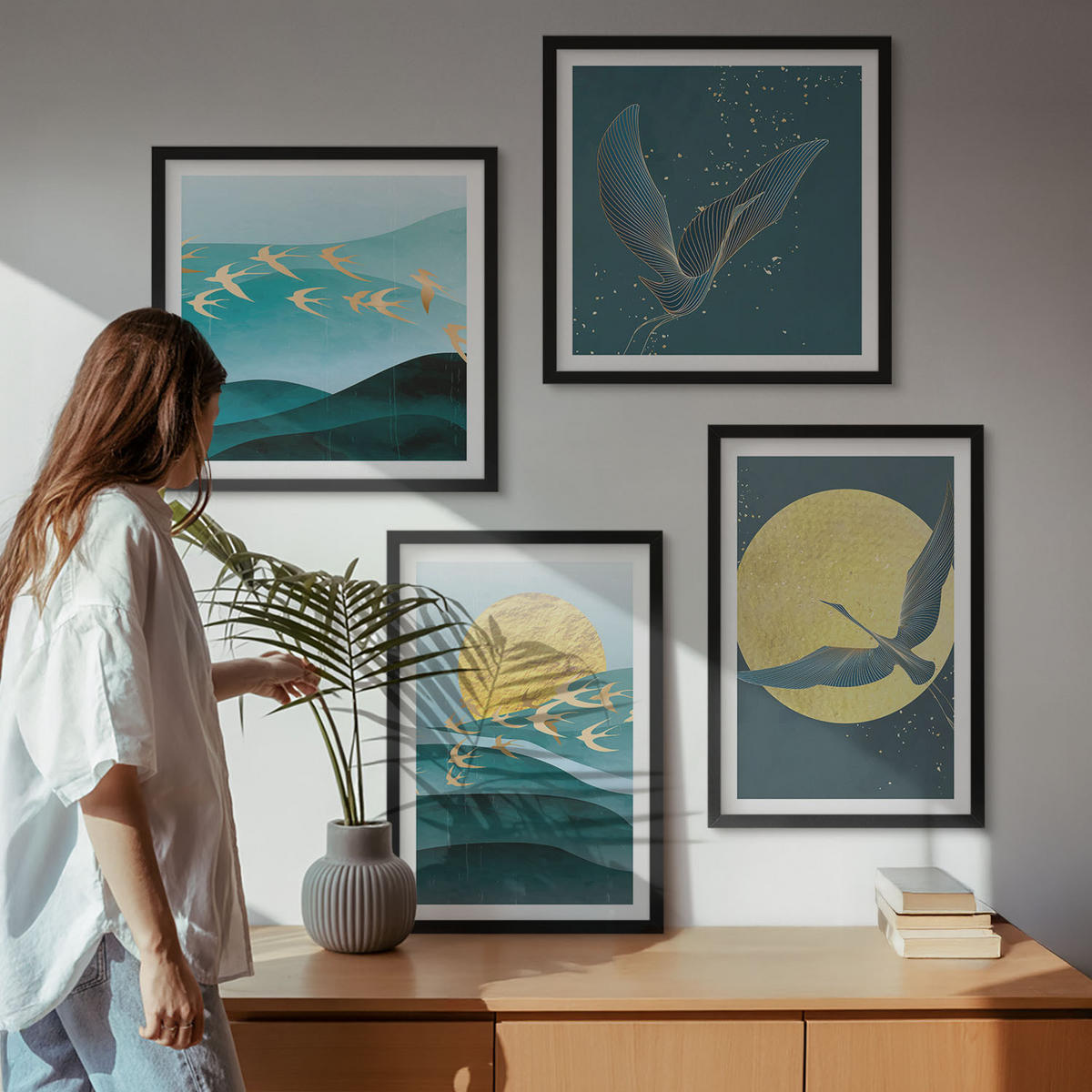 BILDER SET 4er Set - 50x50 cm & 40x60 cm Schwarzer Rahmen - Stilvolle Landschaften mit Vögeln - Schwarz, Kunststoff (50/50cm) - TULUP