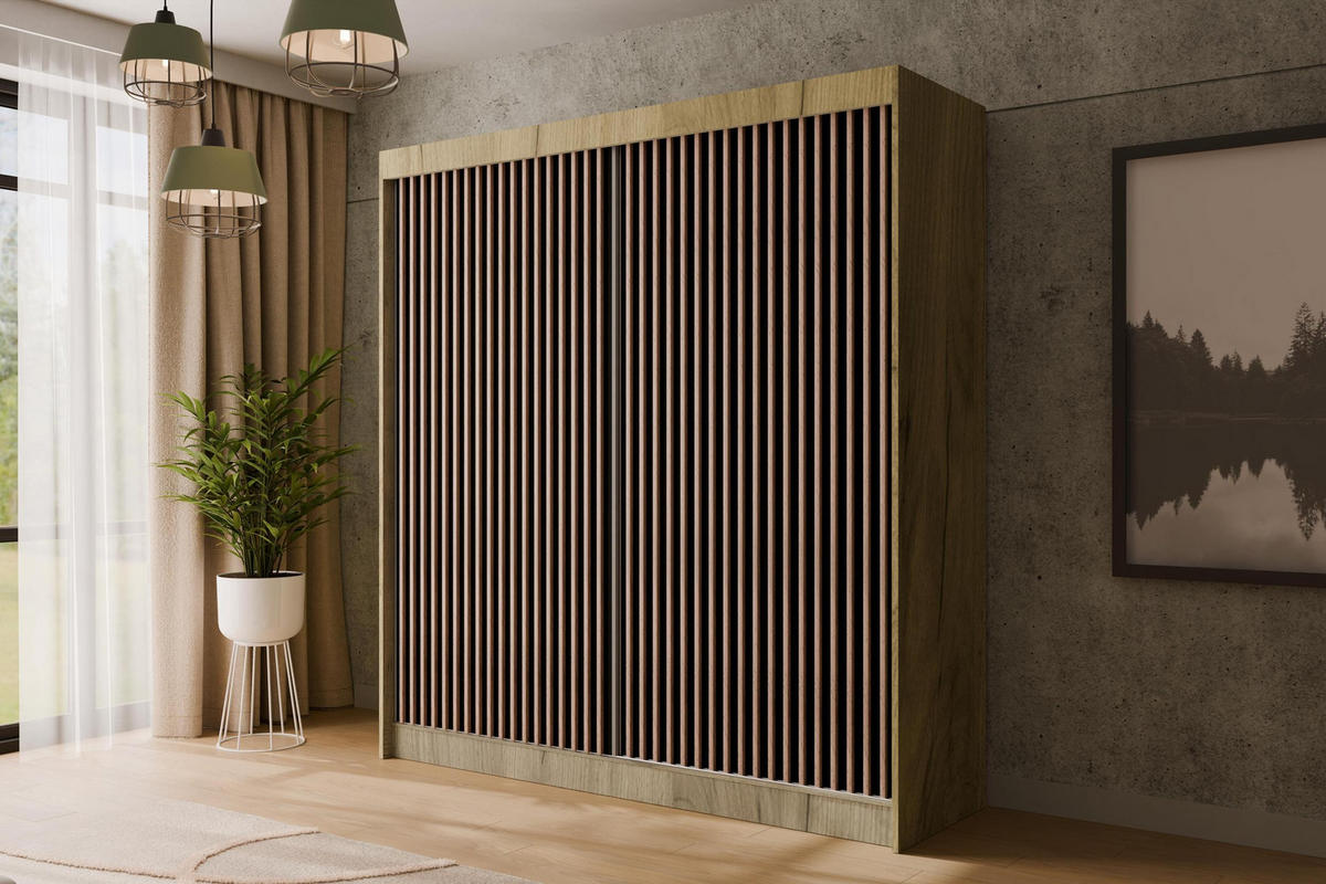 KLEIDERSCHRANK mit Lamel-Schiebetüren VILANv2 - 200 cm Eiche Kraft + Lamelle Eiche Wotan - Hellbraun/Eiche Wotan, Holzwerkstoff (200/215/61cm) - ALTDECOR