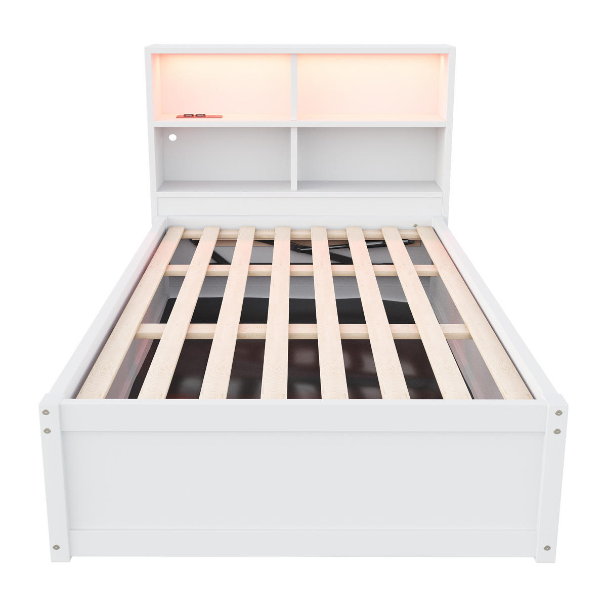 STAURAUMBETT 90/200 cm DE-01385, in Weiß, mit LED, Steckdose und Hydraulik - Weiß, Holz (90/200cm) - ComfortXL