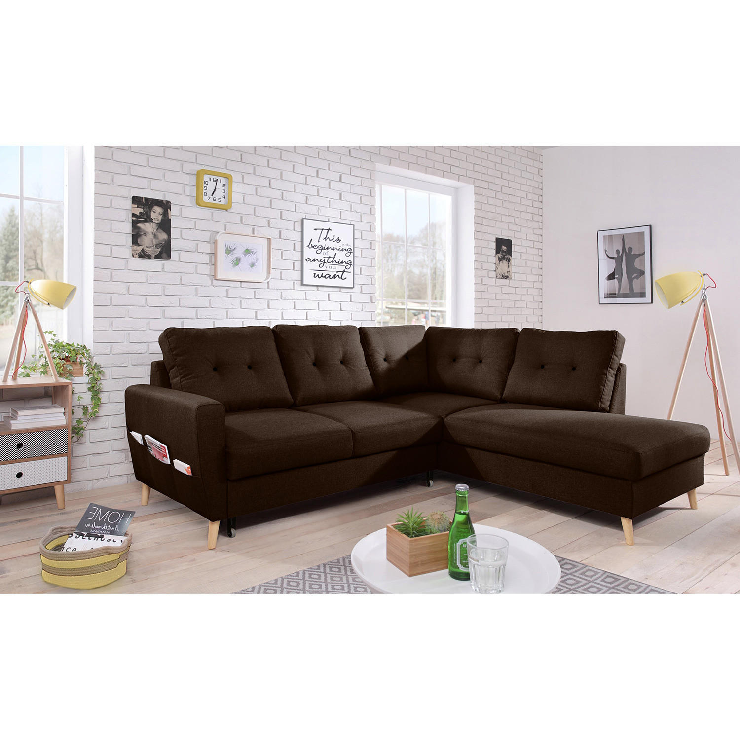 ECKSOFA mit Ottomane - Webstoff - Hellbraun/Dunkelbraun, Textil (230/200cm) - home24