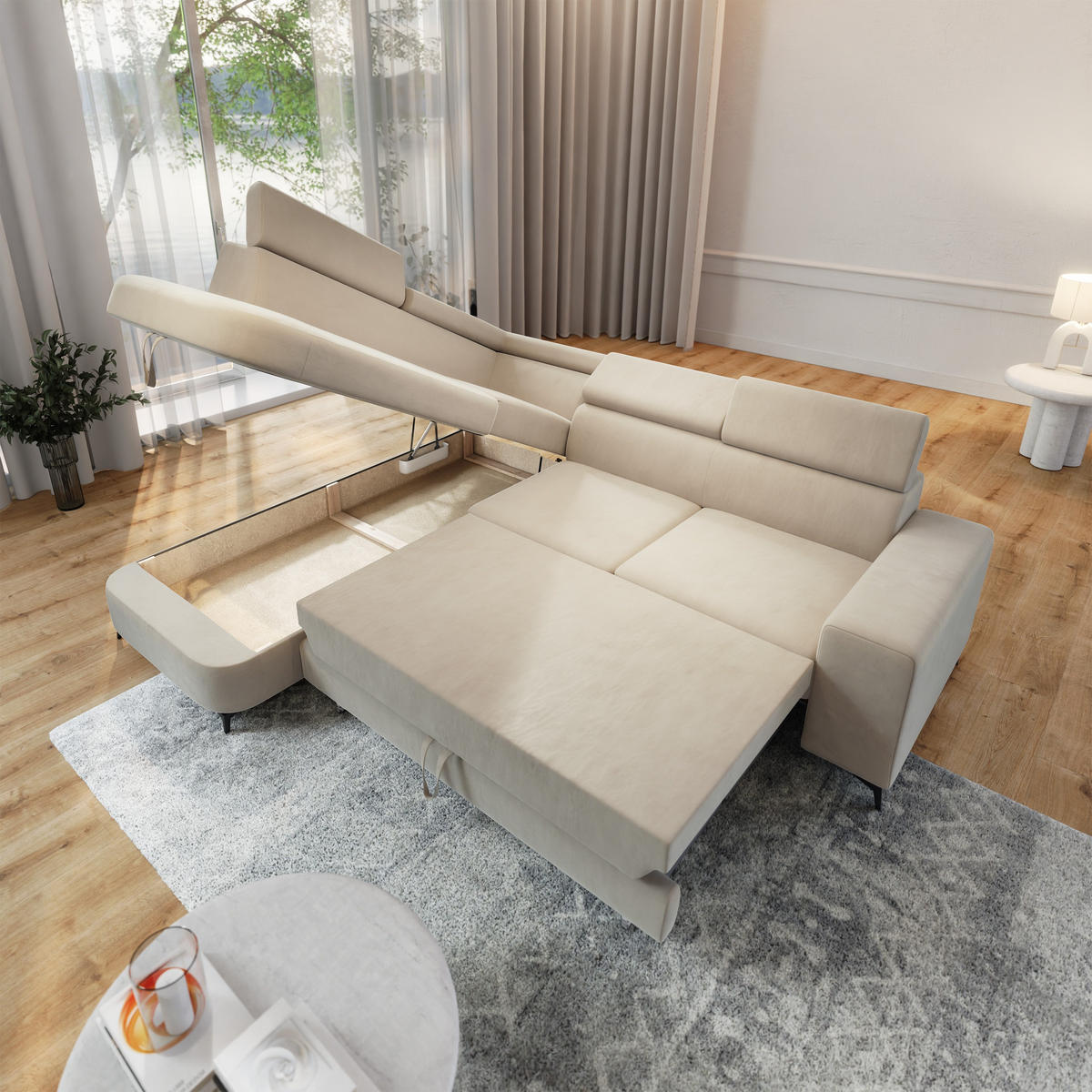 ECKSOFA ALVORO L-S Creme Velours-Stoff mit Schlaffunktion - Creme, Holz (253/190cm) - MASSENO