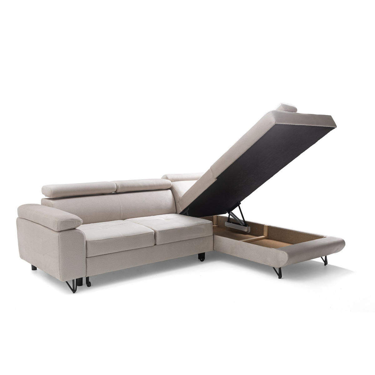 ECKSOFA JUNIOR L Rechts mit Schlaffunktion 194x128 Velours Creme - Creme/Schwarz, Holz/Textil (184/249cm) - Muffo