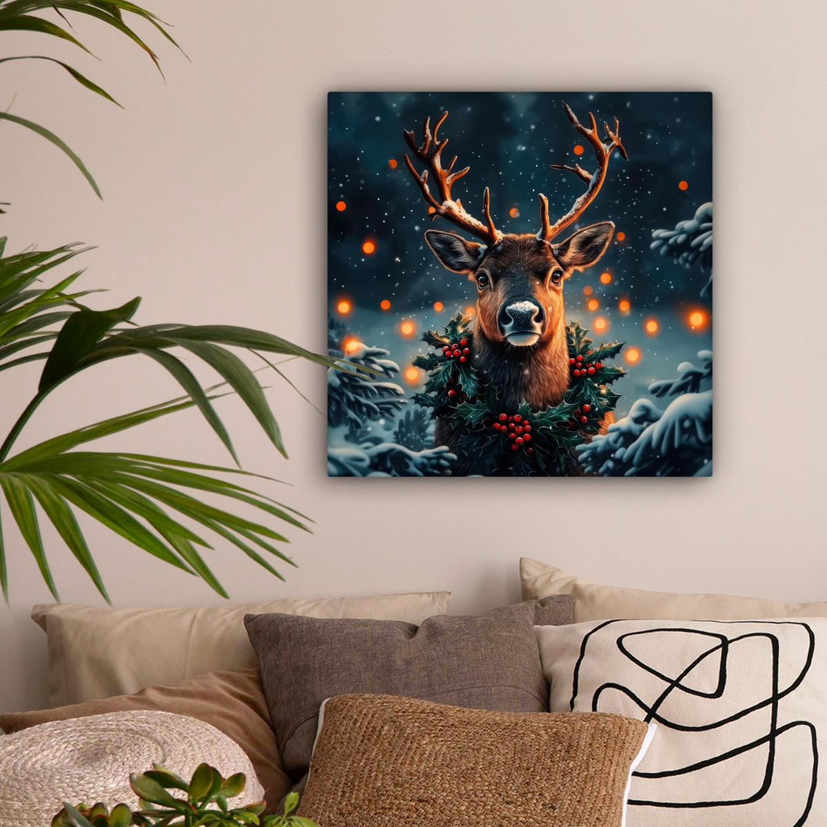 LEINWANDBILD Hirsch - Weihnachten - Winter - Schnee - Weihnachtskranz Wandbild Wohnzimmer 50x50 cm - Dunkelbraun, Textil (50/50cm) - MuchoWow