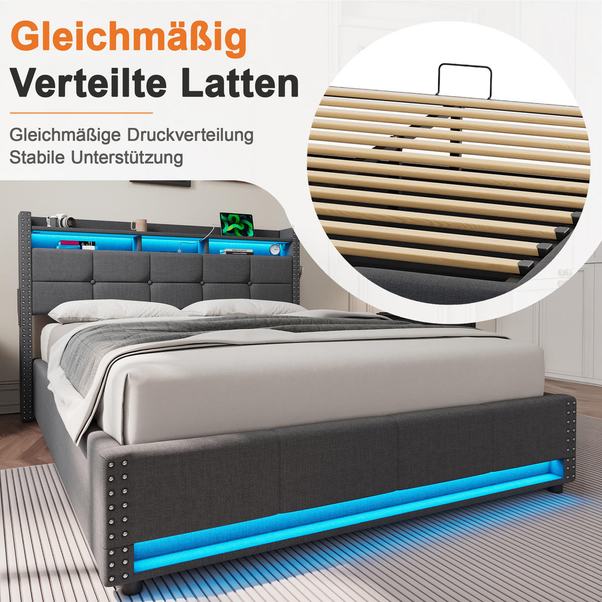 POLSTERBETT 140/200 cm dunkelgrau aus Leinenstoff mit LED-Leuchte und Ladestation - Dunkelgrau, Textil (140/200cm) - OKWISH