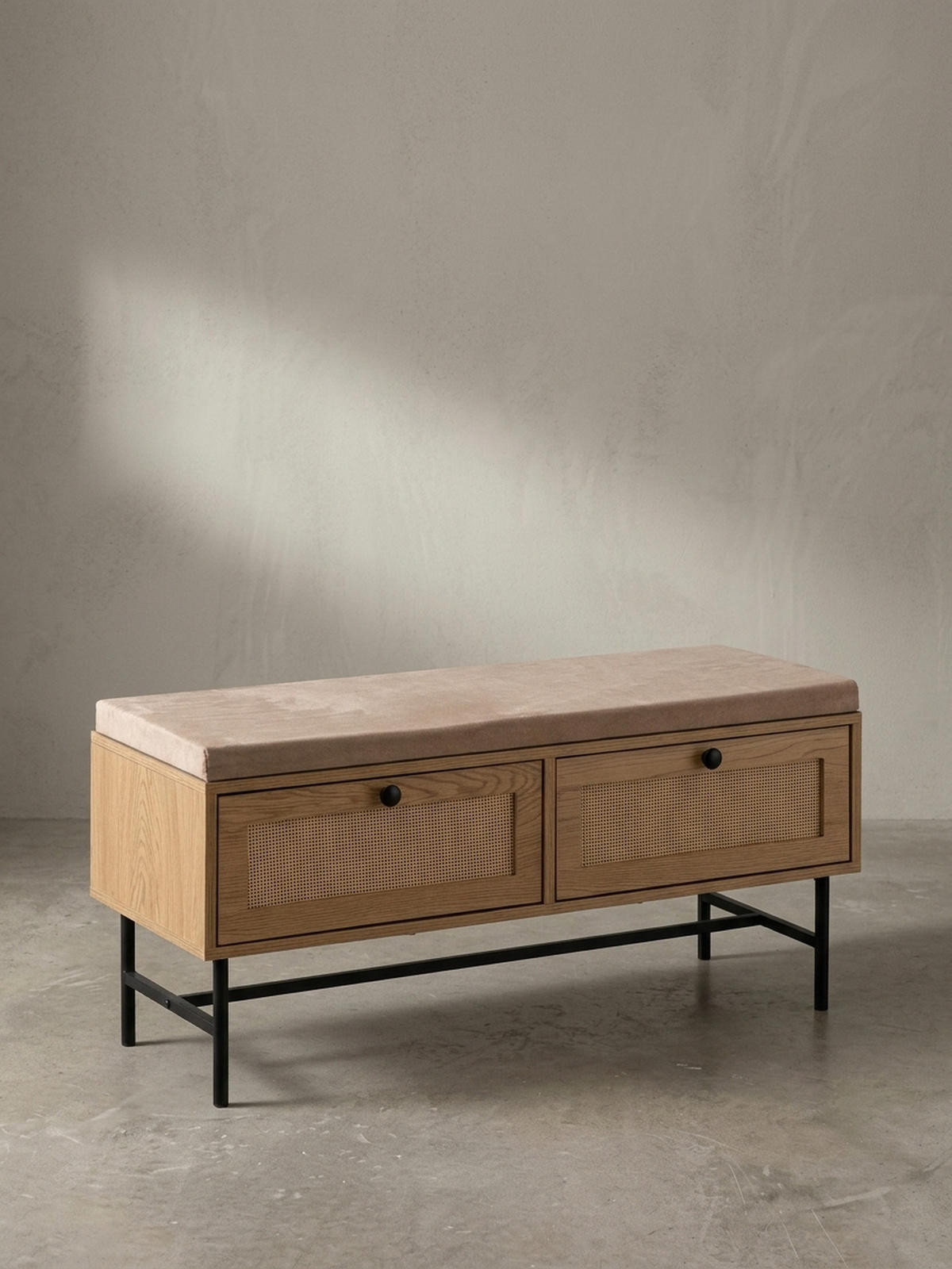SCHUHBANK – 100x48x38 cm, Eiche-Dekor, Sitzfläche Stoff, mit Schubladen - Beige/Schwarz, Textil/Metall (100/48/38cm) - KADIMA DESIGN