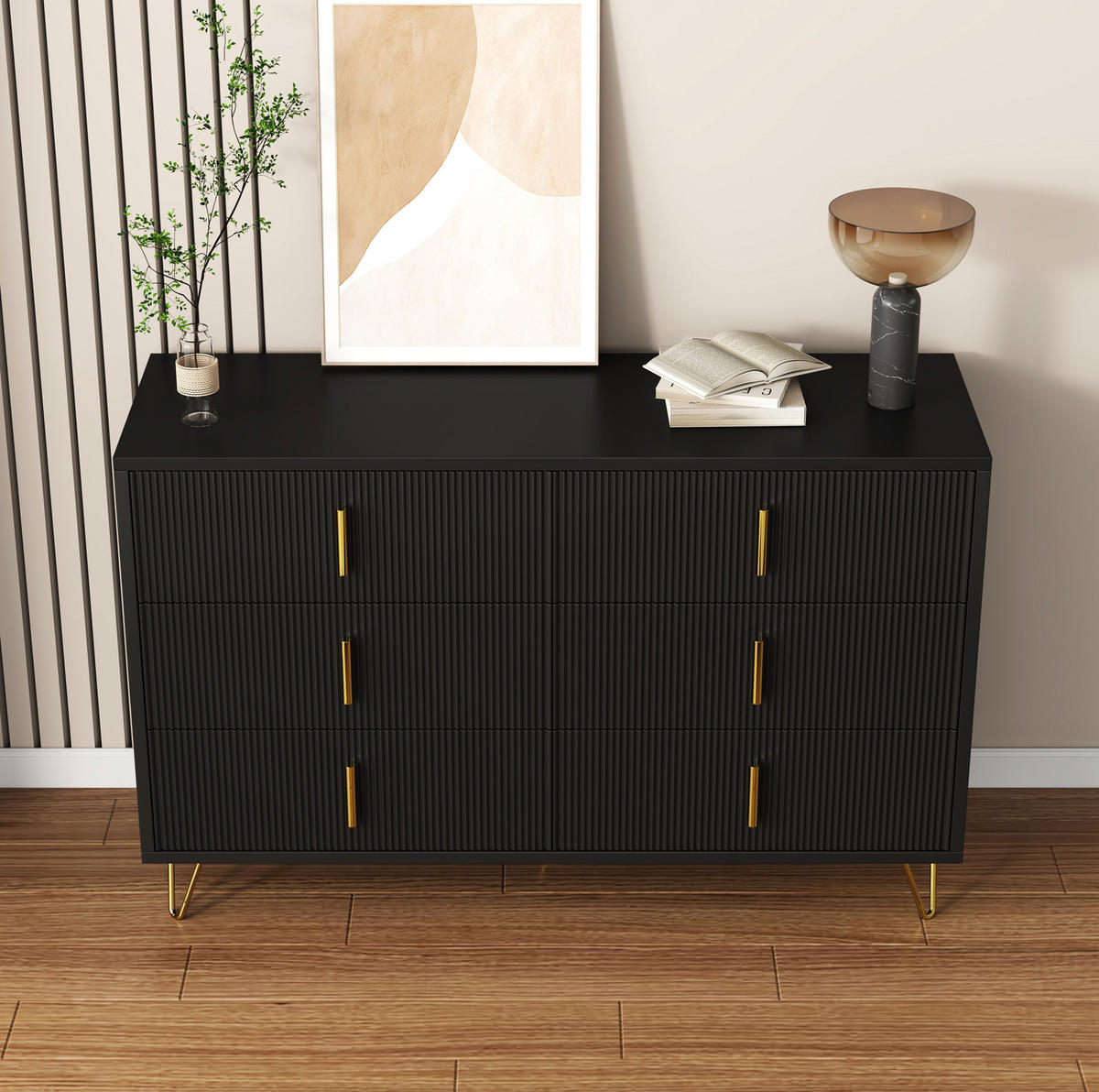 KOMMODE 120/40/77 cm in Schwarz/Gold mit 6 Schubladen - Schwarz, Holzwerkstoff (120/77/40cm) - Flora Grace