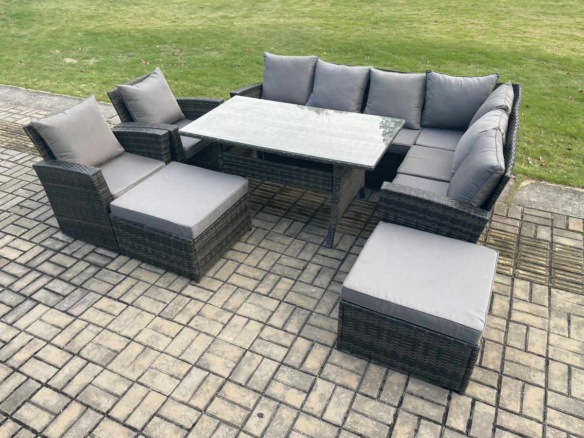 LOUNGEGARNITUR mit Esstisch Sofa Polyrattan Dunkelgrau 10-Sitzer - Dunkelgrau/Grau, Glas/Kunststoff - Fimous