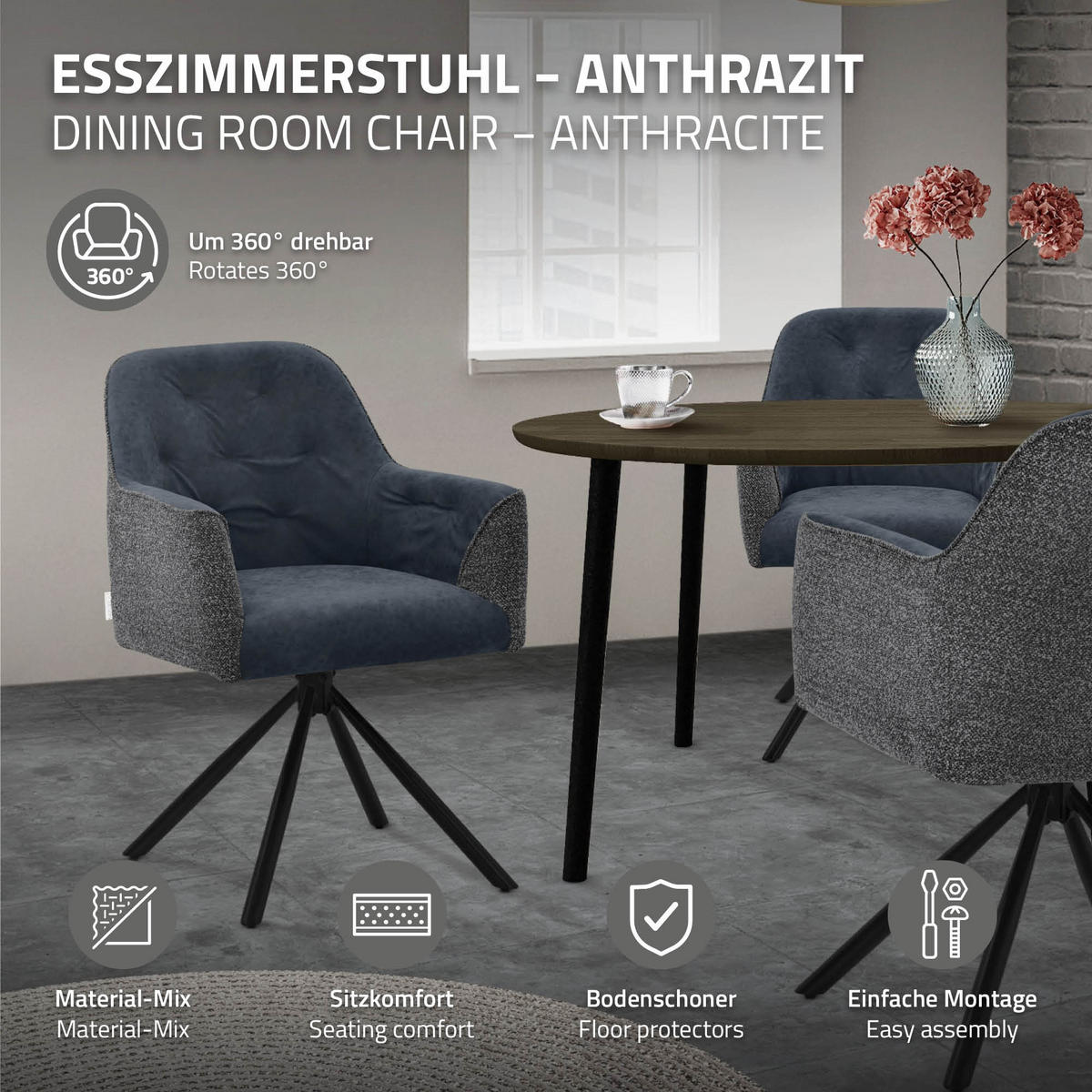 ESSZIMMERSTÜHLE 2er Set drehbar Küchenstühle gepolstert aus Webstoff-Kunstleder Anthrazit - Anthrazit/Schwarz, Textil/Metall (62/81/65cm) - ML-DESIGN