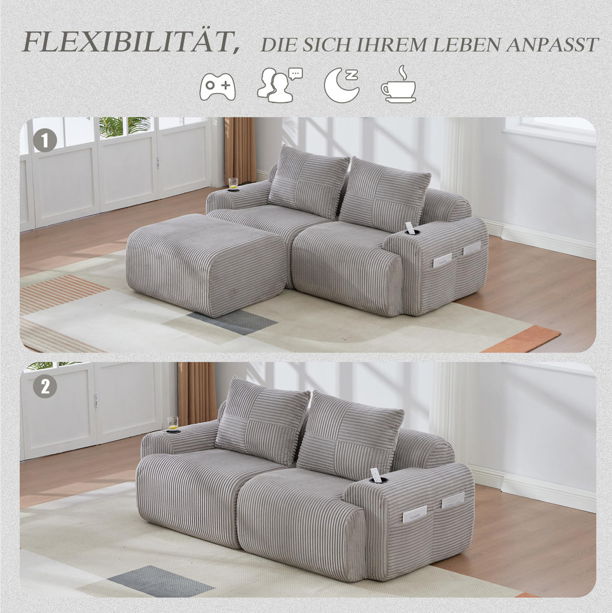 2-SITZER-SOFA aus Cord 200x174x80 cm in Hellgrau mit Cupholder & Seitentasche - Hellgrau, Textil (174/80/200cm) - Modfu
