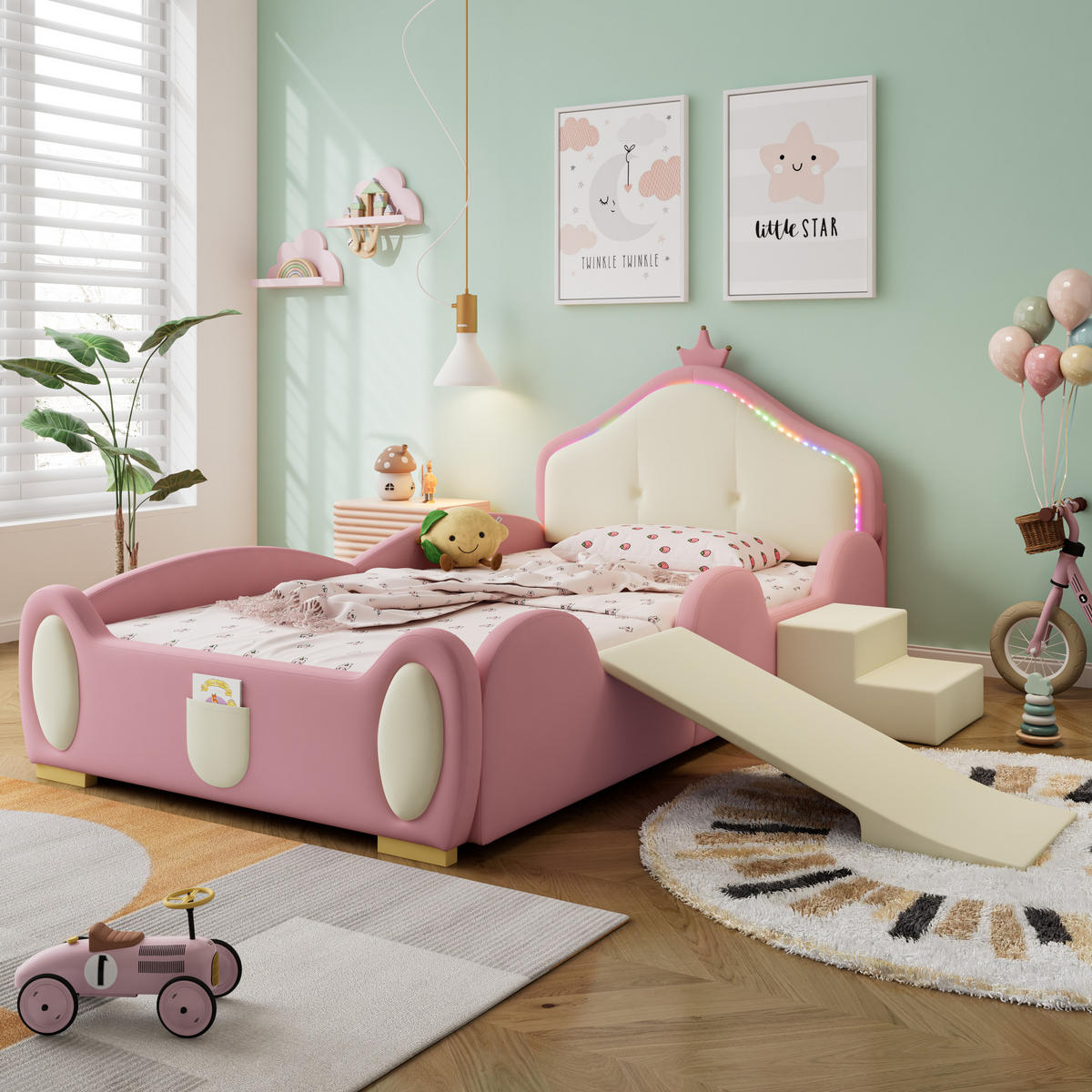 KINDERBETT 90/200 cm in Rosa/Beige mit LED-Beleuchtung, Rutsche und Treppe - Rosa, Kunststoff (90/200cm) - Flora Grace