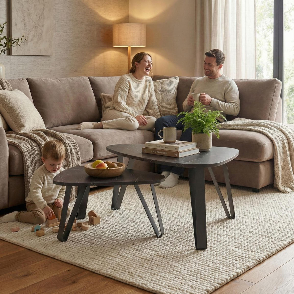 COUCHTISCH Ovio, Doppel Kaffeetisch mit dreieckigen Tischplatten, Schwarz+Black Pietra Girgia - Schwarz, Metall (60/94/42cm) - Beautysofa