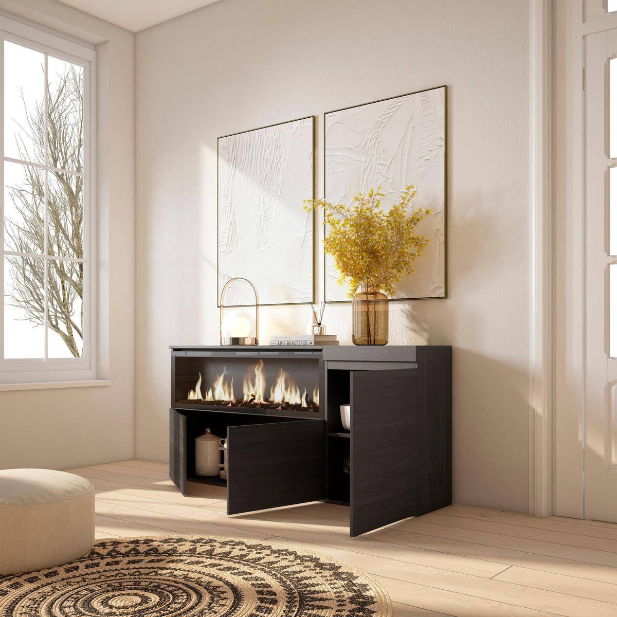 SIDEBOARD Highboard, Elektrokamin XXL, schwarz, 158/35/75cm - Multicolor/Schwarz, Holzwerkstoff (158/75/35cm) - Skraut Home