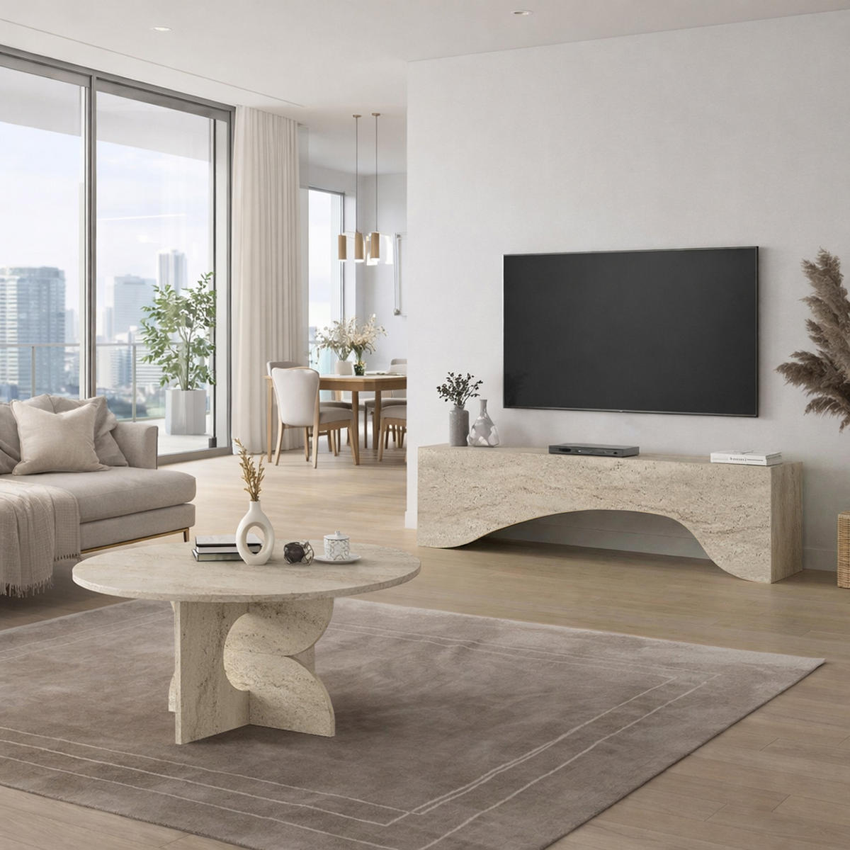 MOEBEL17 TV Lowboard 150 cm Travertin Optik – Modernes Lowboard TV Schrank – TV Board Wohnzimmer – Fernsehtisch Steinoptik – TV Möbel Sideboard Modern - Beige, Holzwerkstoff (158/45/9cm) - moebel17