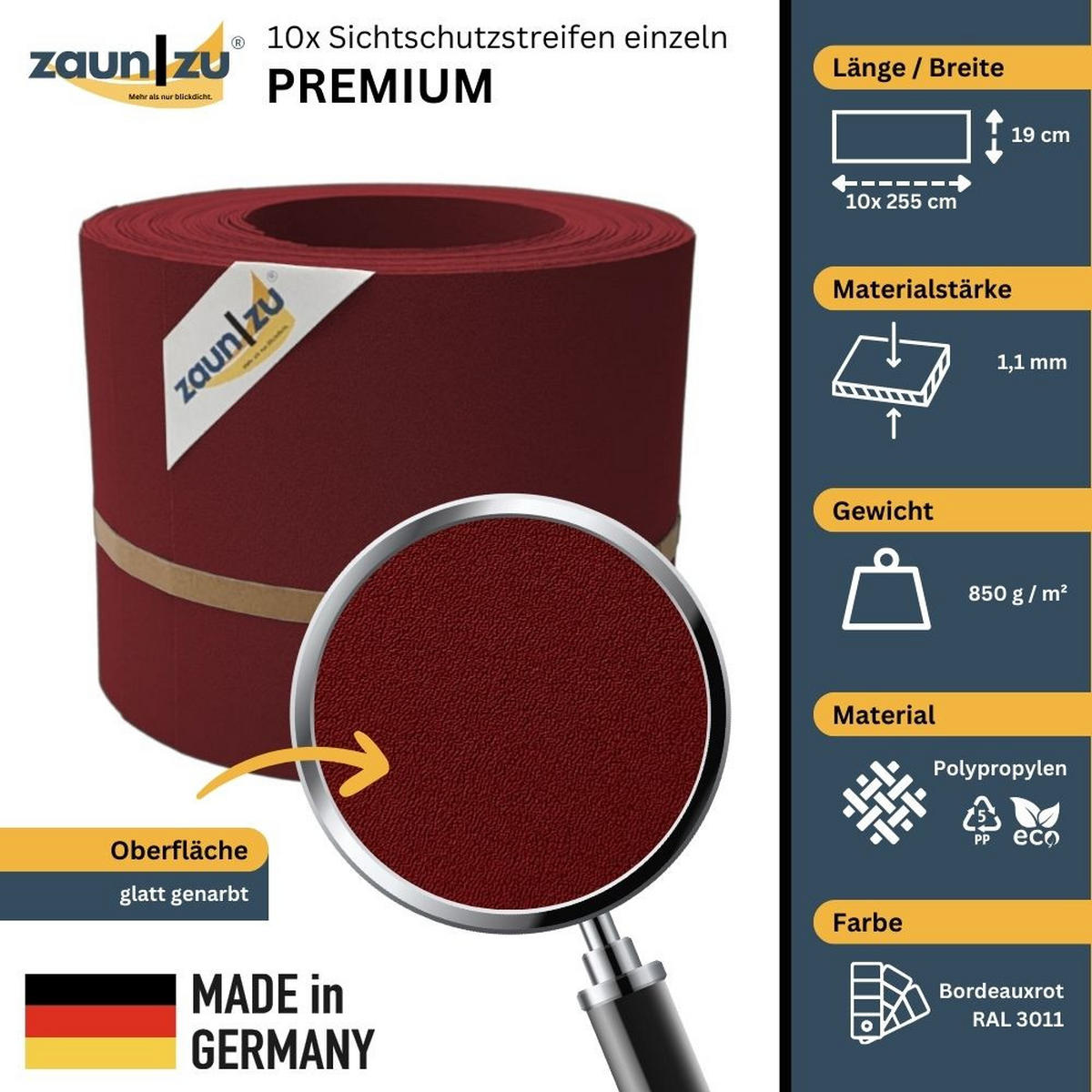 SICHTSCHUTZSTREIFEN PP Sichtschutzstreifen Doppelstabzaun Bordeauxrot,10x 2,55m - Bordeaux, Kunststoff (2550/19cm) - ZAUN|ZU