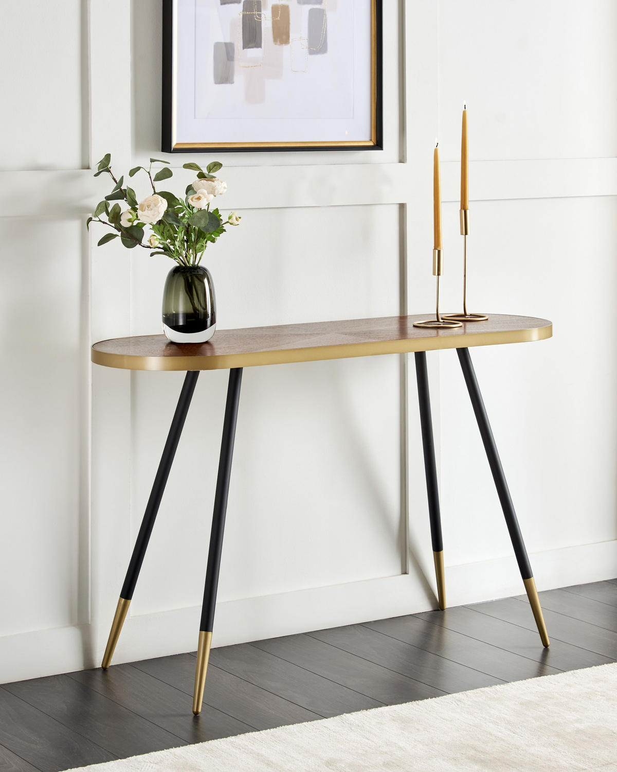 KONSOLENTISCH dunkler Holzfarbton/gold oval Ramona - Dunkelbraun/Goldfarben, Holzwerkstoff (120/41/72cm) - Beliani
