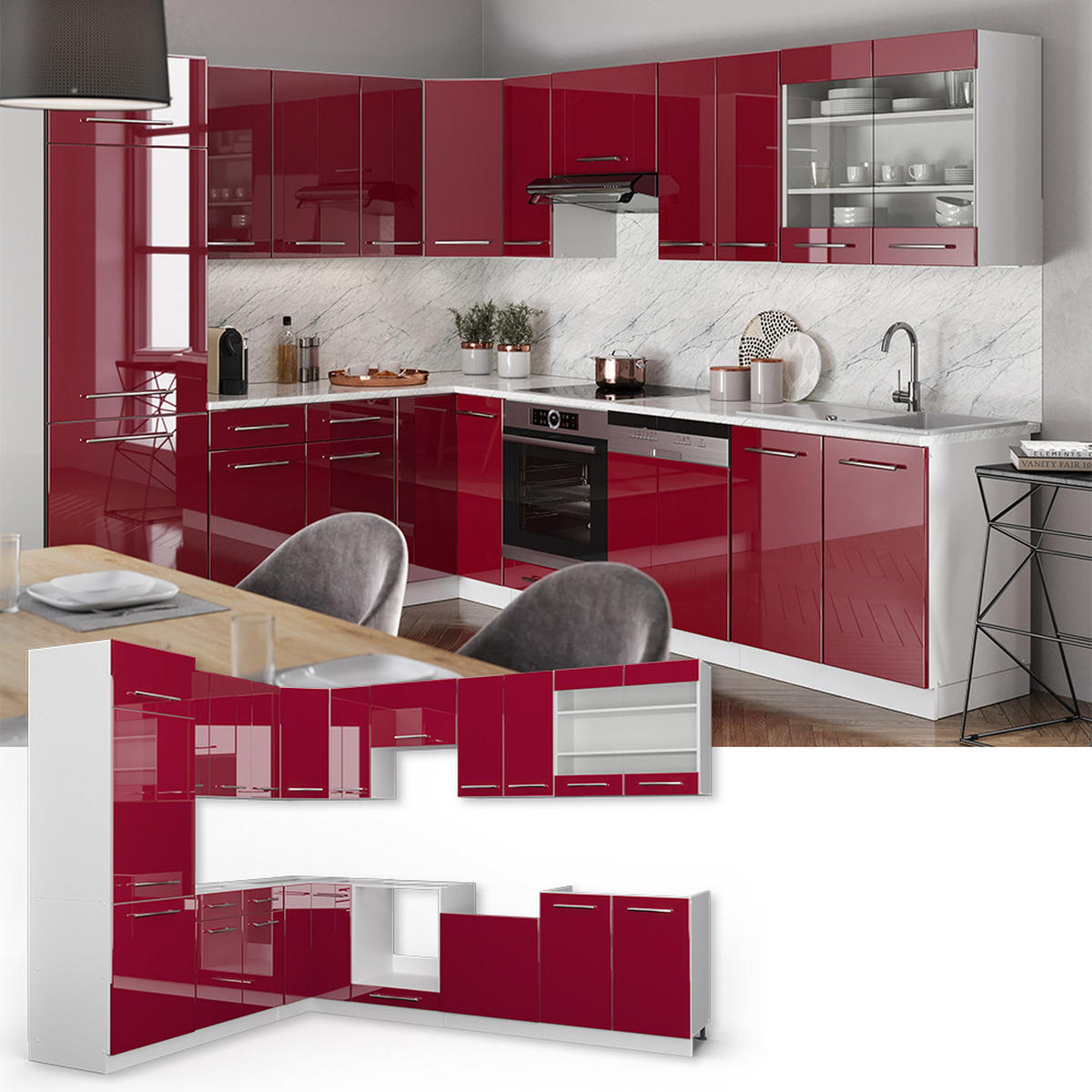 ECKKÜCHE Fame-Line Bordeaux Hochglanz/Weiß 227 x 287 cm, AP Marmor - Bordeaux/Weiß, Holzwerkstoff (287/81.6/60cm) - Vicco