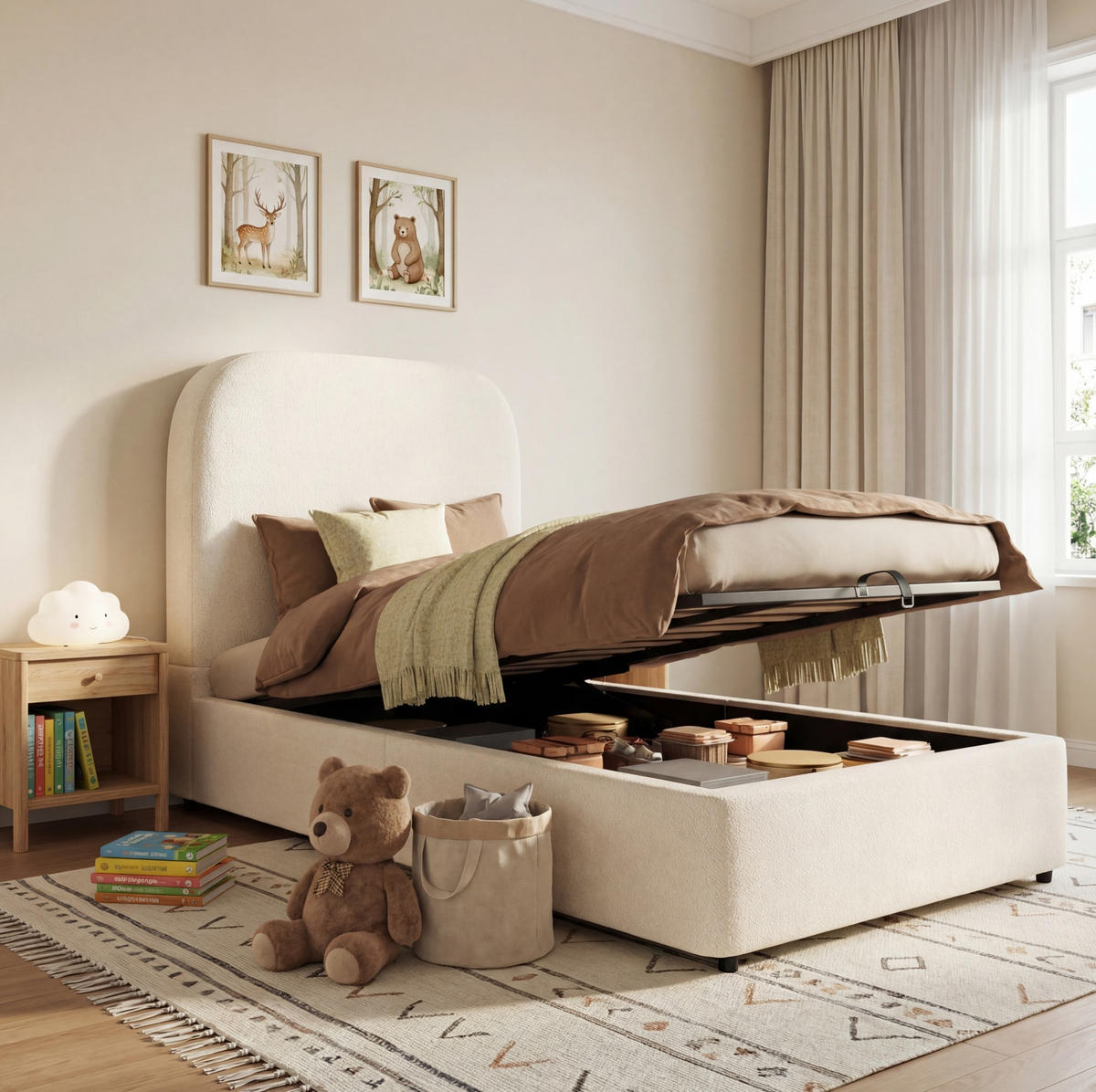 KINDERBETT 90/200 cm mit hydraulischem Stauraum, Lattenrost und gepolstertem Bouclé-Kopfteil, Beige - Beige, Holzwerkstoff (90/200cm) - Redom