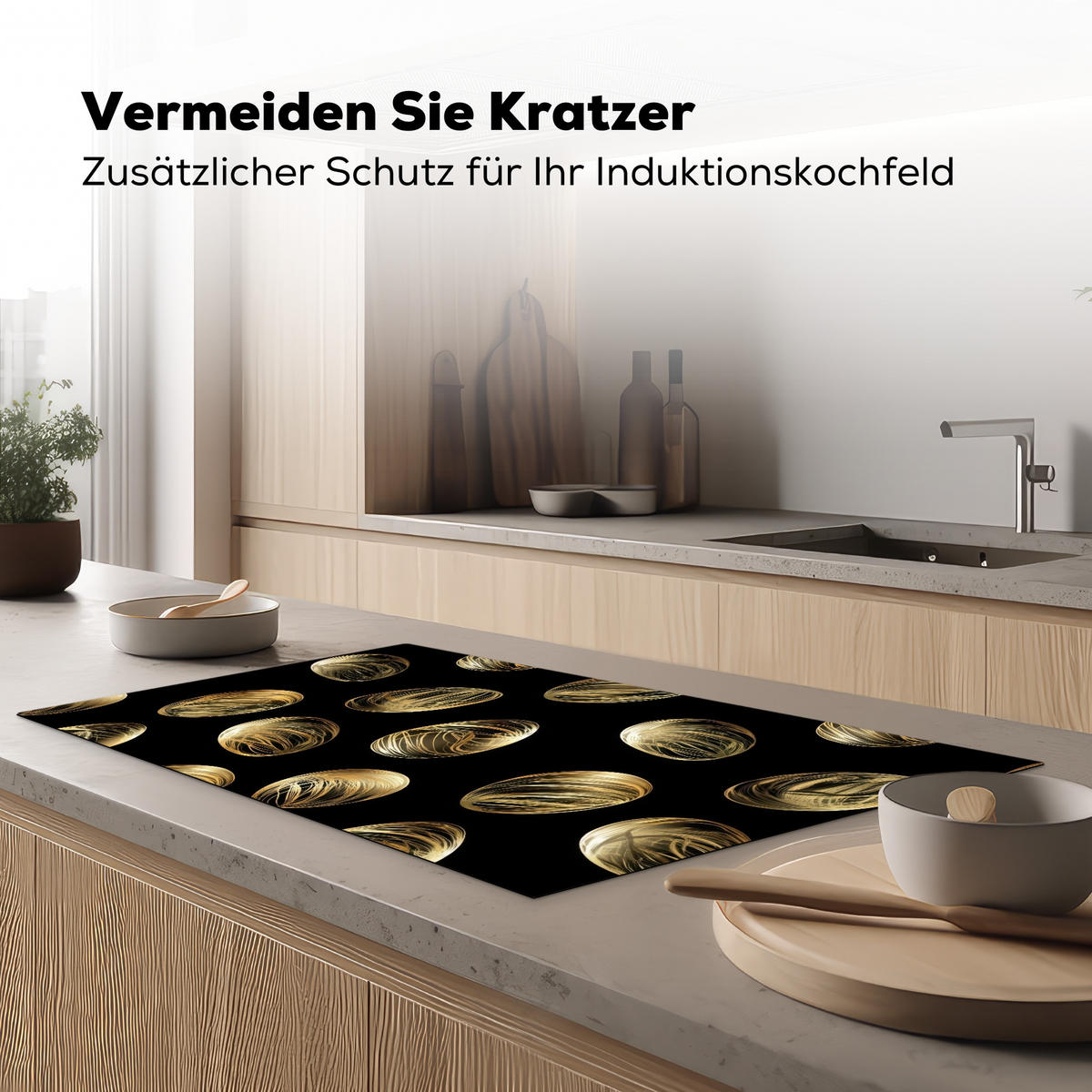 HERDABDECKPLATTE Eier - Gold - Muster Induktionsschutz 91.6x52.7 cm - Schwarz, Kunststoff (91.6/52.7/0.2cm) - MuchoWow