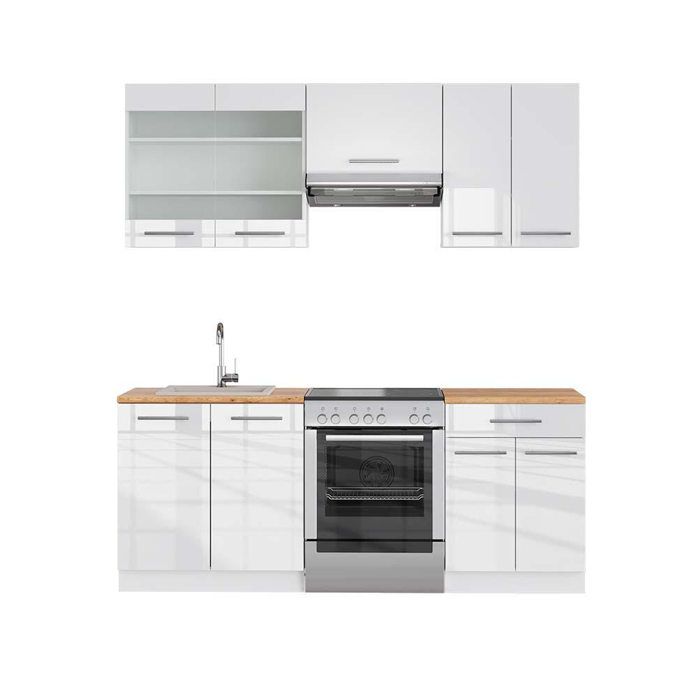 KÜCHENZEILE Fame-Line Weiß Hochglanz/Weiß 200 cm, AP Eiche - Weiß Hochglanz/Weiß, Holzwerkstoff (200/81.6/60cm) - Vicco
