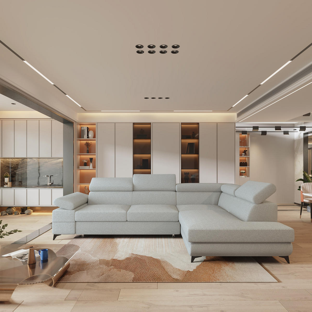 ECKSOFA FAVIEN R-S Hellgrau Boucle-Stoff mit Schlaffunktion - Hellgrau, Holz (257/190cm) - MASSENO