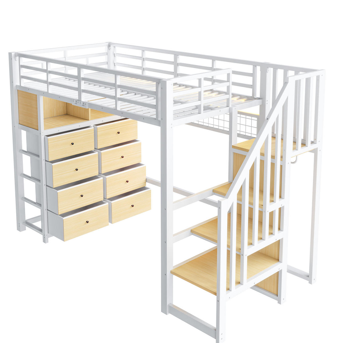 HOCHBETT 90x200cm mit 8 Schubladen und Aufbewahrungsleiter, Weiß - Weiß, Metall (90/200cm) - KOMHTOM