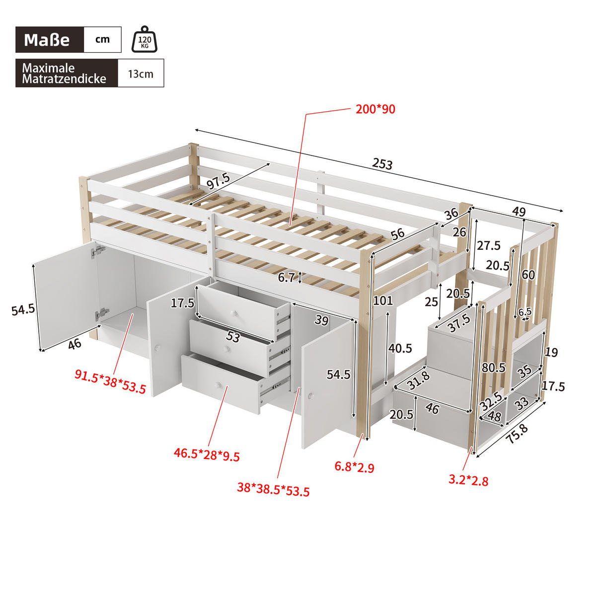 HOCHBETT 90/200 cm Weiß mit Treppe und Stauraum aus MDF - Weiß, Holzwerkstoff (90/200cm) - OKWISH