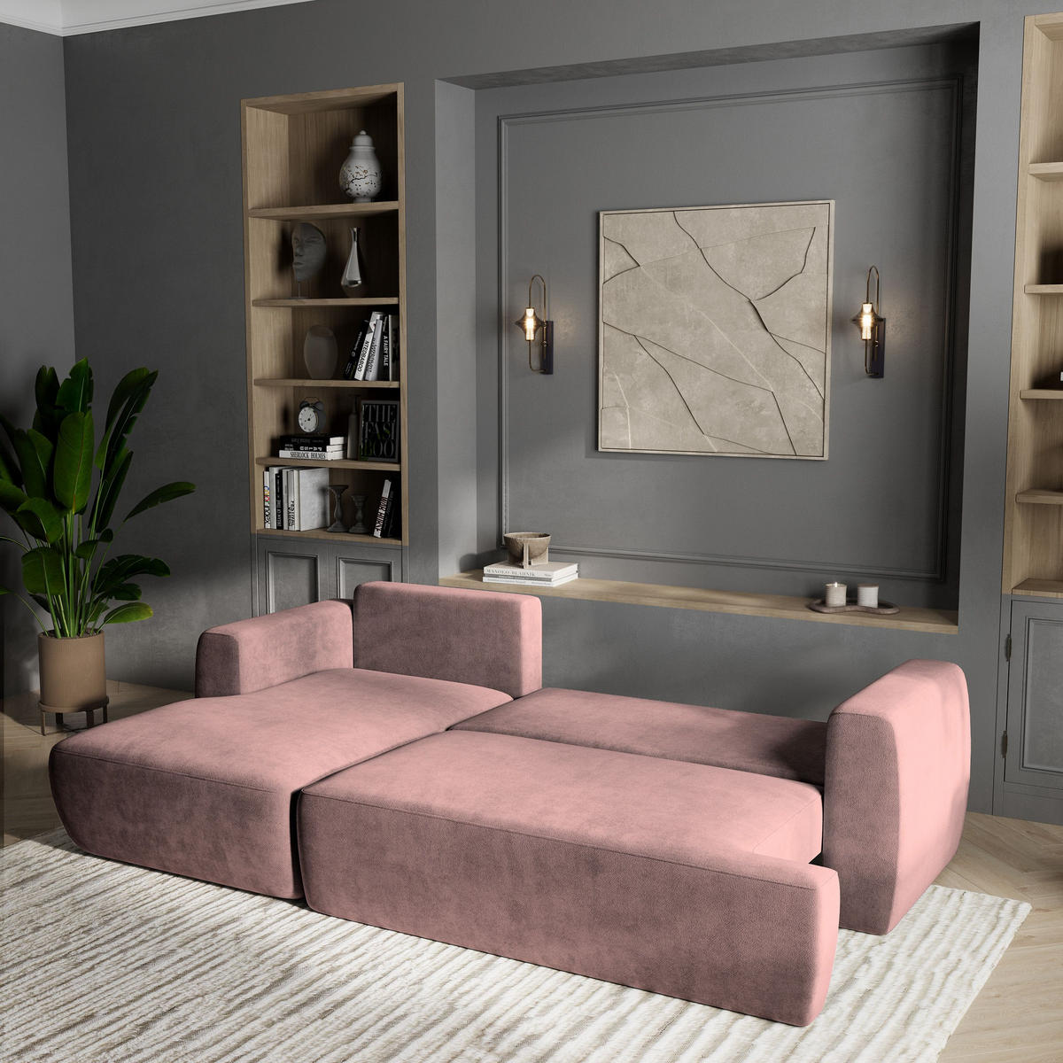 ECKSOFA SENTI K L-S Rosa Plüsch-Stoff mit Schlaffunktion - Rosa, Holz (246/148cm) - MASSENO