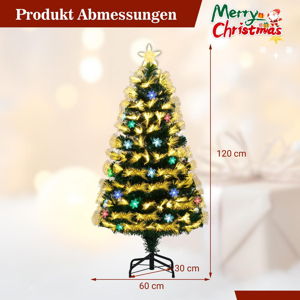 WEIHNACHTSBAUM Tannenform mit 8 Lichtmodi 120 cm warmweiße Glasfaser - Grün, Metall (120cm) - COSTWAY