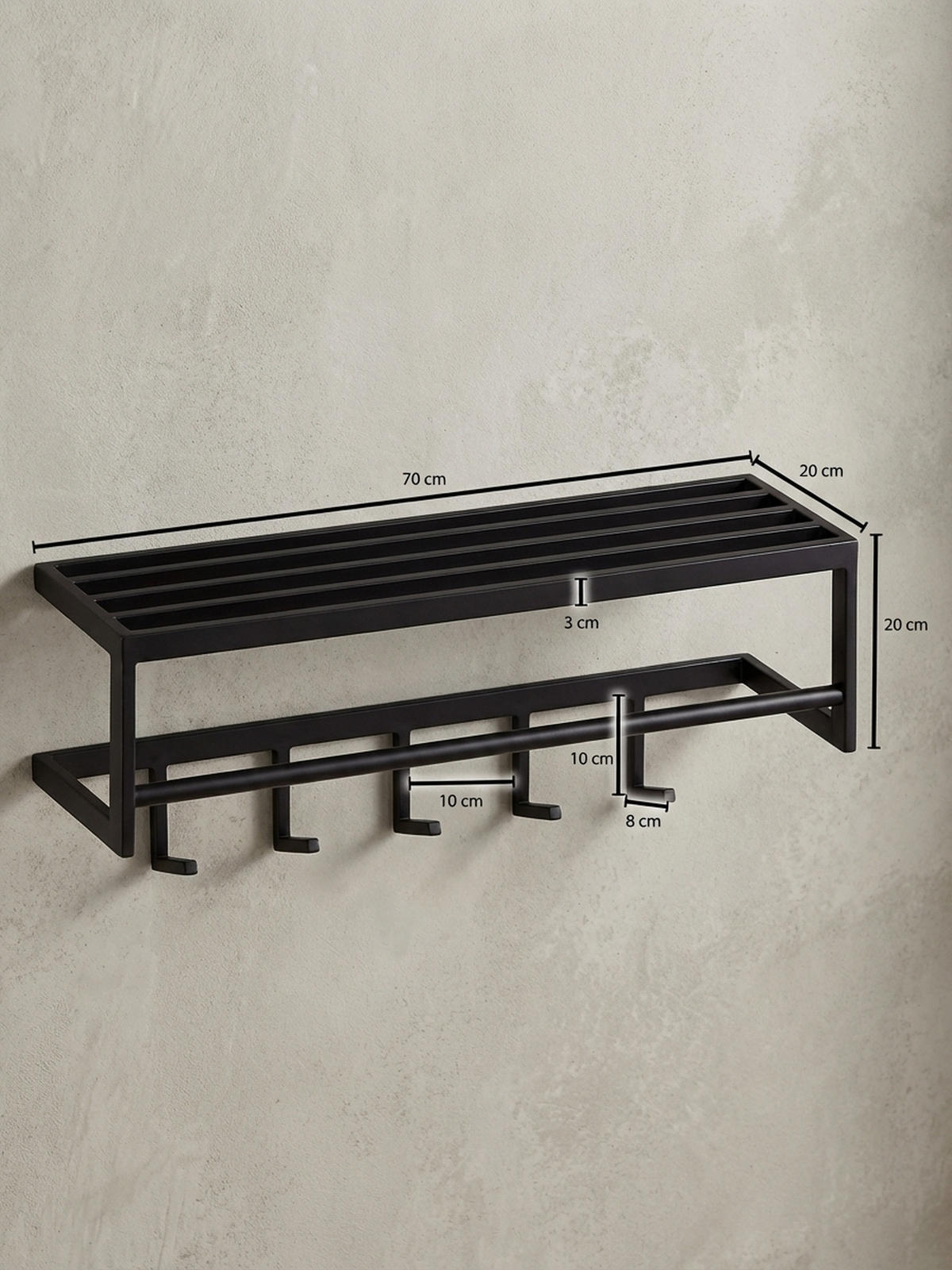 WANDGARDEROBE Metall Schwarz Modern mit 5 Haken und Kleiderstange - Schwarz, Metall (70/20/20cm) - KADIMA DESIGN
