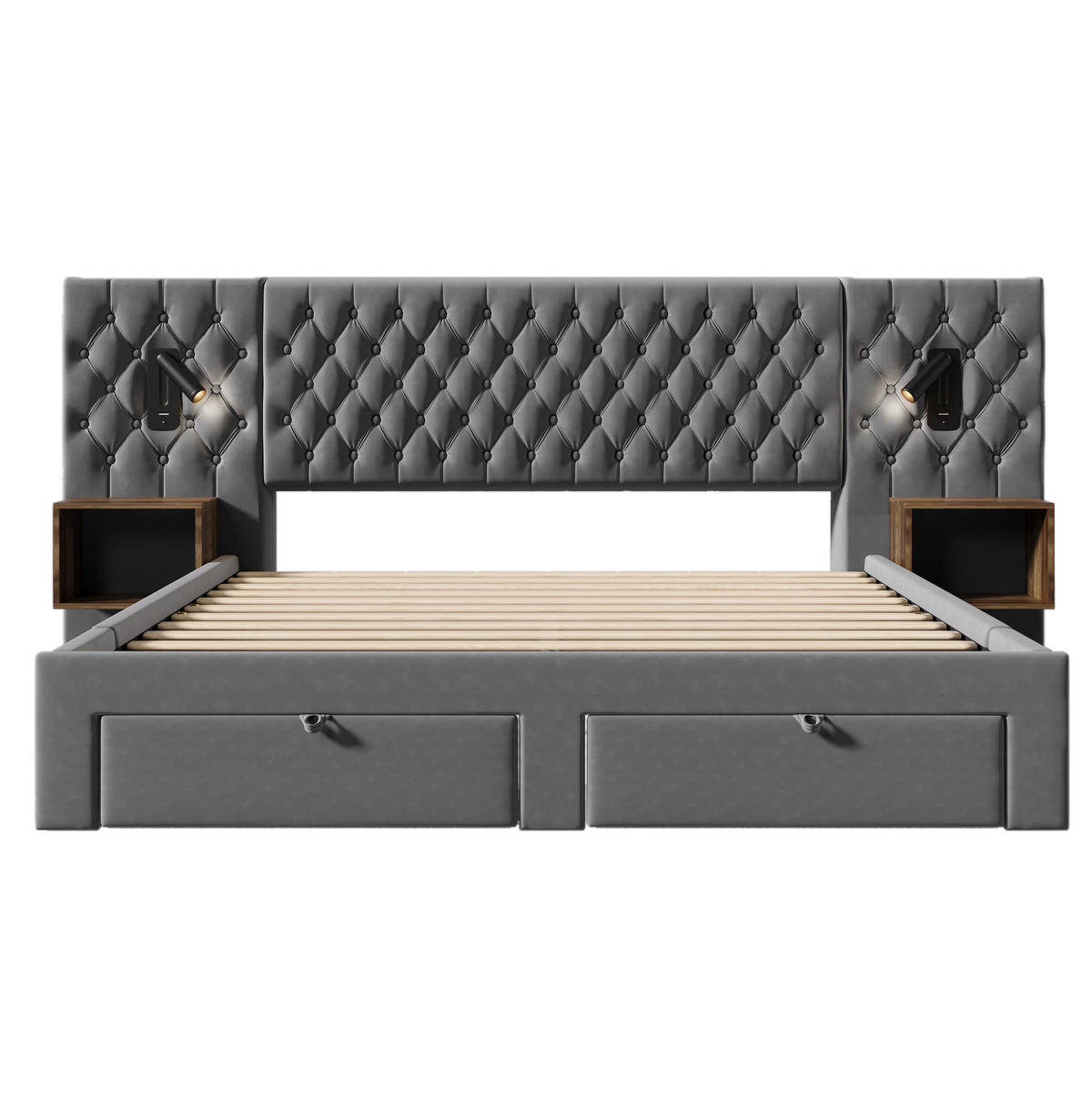 POLSTERBETT 180/200 cm Grau mit 2 Nachttischen und USB-Ladefunktion - Grau, Textil (180/200cm) - Flora Grace