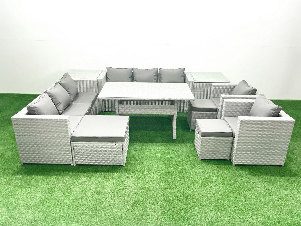 GARTENMÖBEL SET mit 3-Sitzer-Sofa und 2 Stühle, Esstisch,3 Hockern,2 Beistelltischen Polyrattan Hellgrau 11-Sitzer - Hellgrau/Grau, Glas/Kunststoff - Fimous