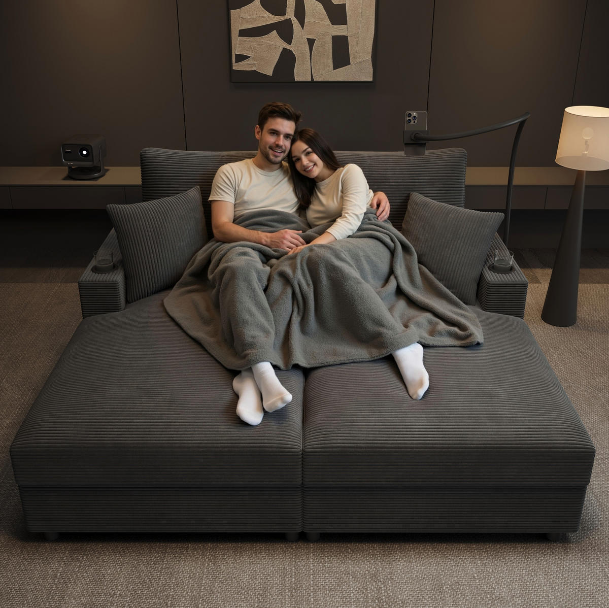 SOFA 2-Sitzer mit USB und Handyhalterung 163 x 140 cm Cord Grau - Grau, Textil (140/82/163cm) - Meubliv