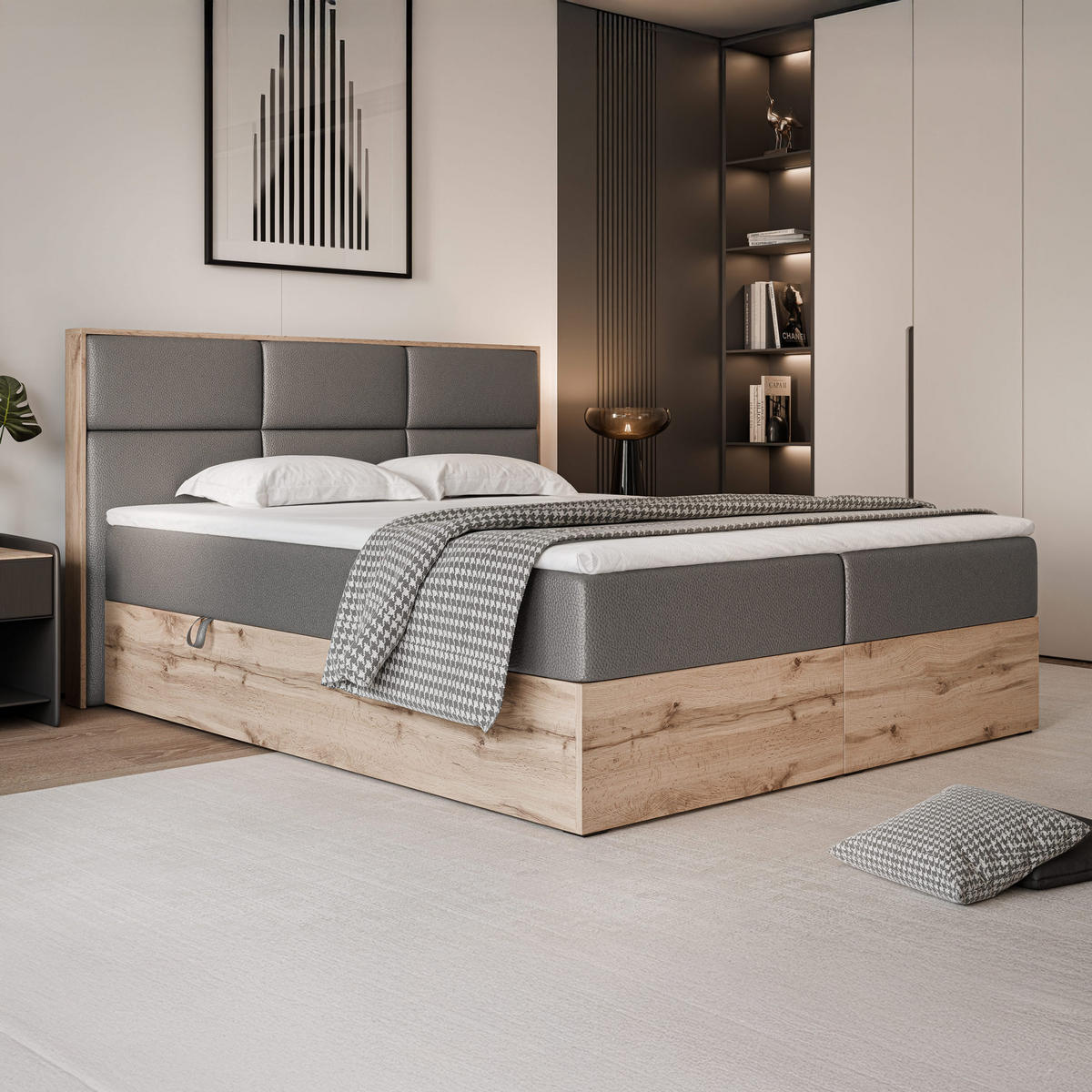 BOXBETT LAVIO 160/200 cm, in Grau, mit Matratze und Topper - Grau, Holzwerkstoff/Textil (160/200cm) - Idohome