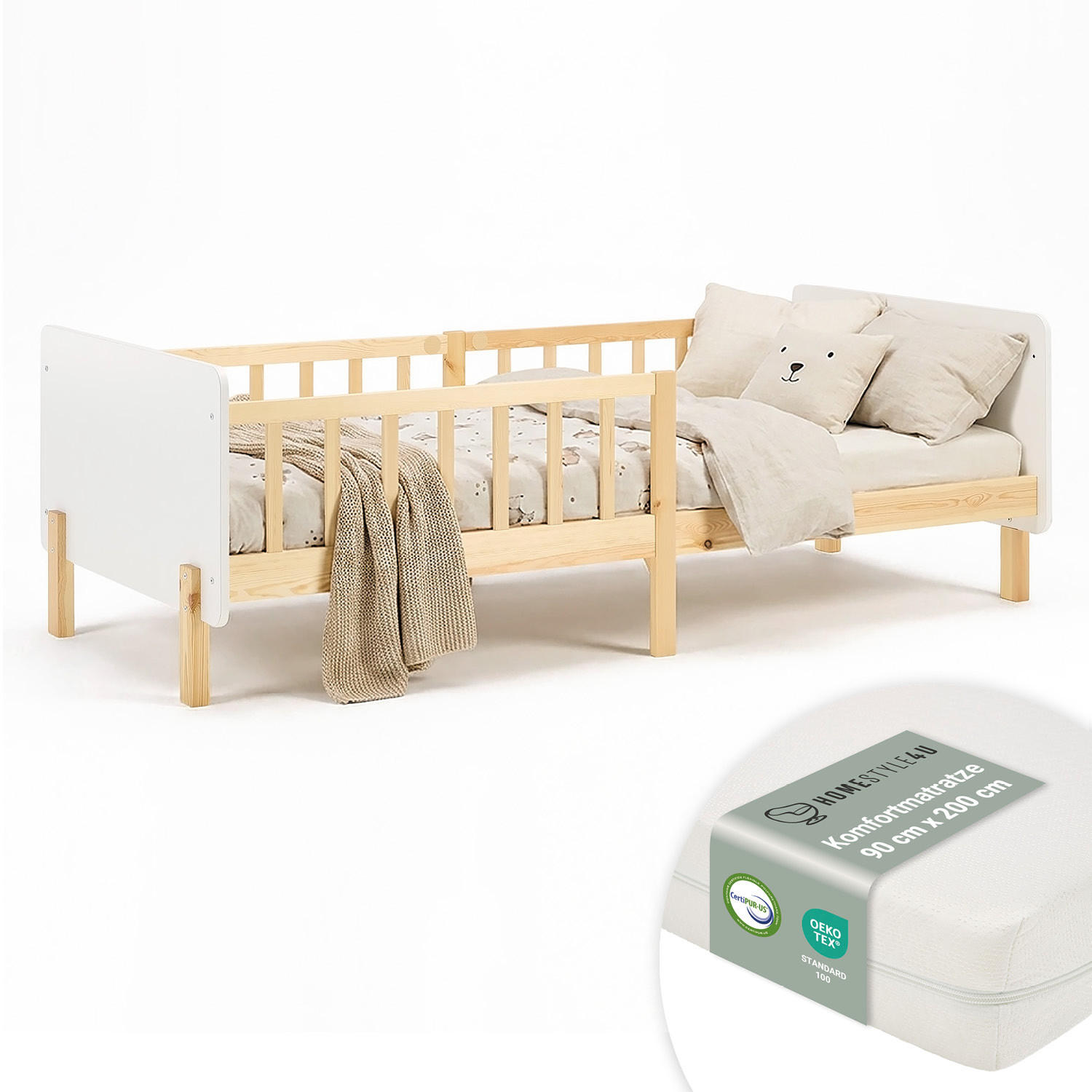 KINDERBETT Weiß 90/200 Lattenrost Matratze Rausfallschutz - Weiß, Holz (100/67/208cm) - Homestyle4u