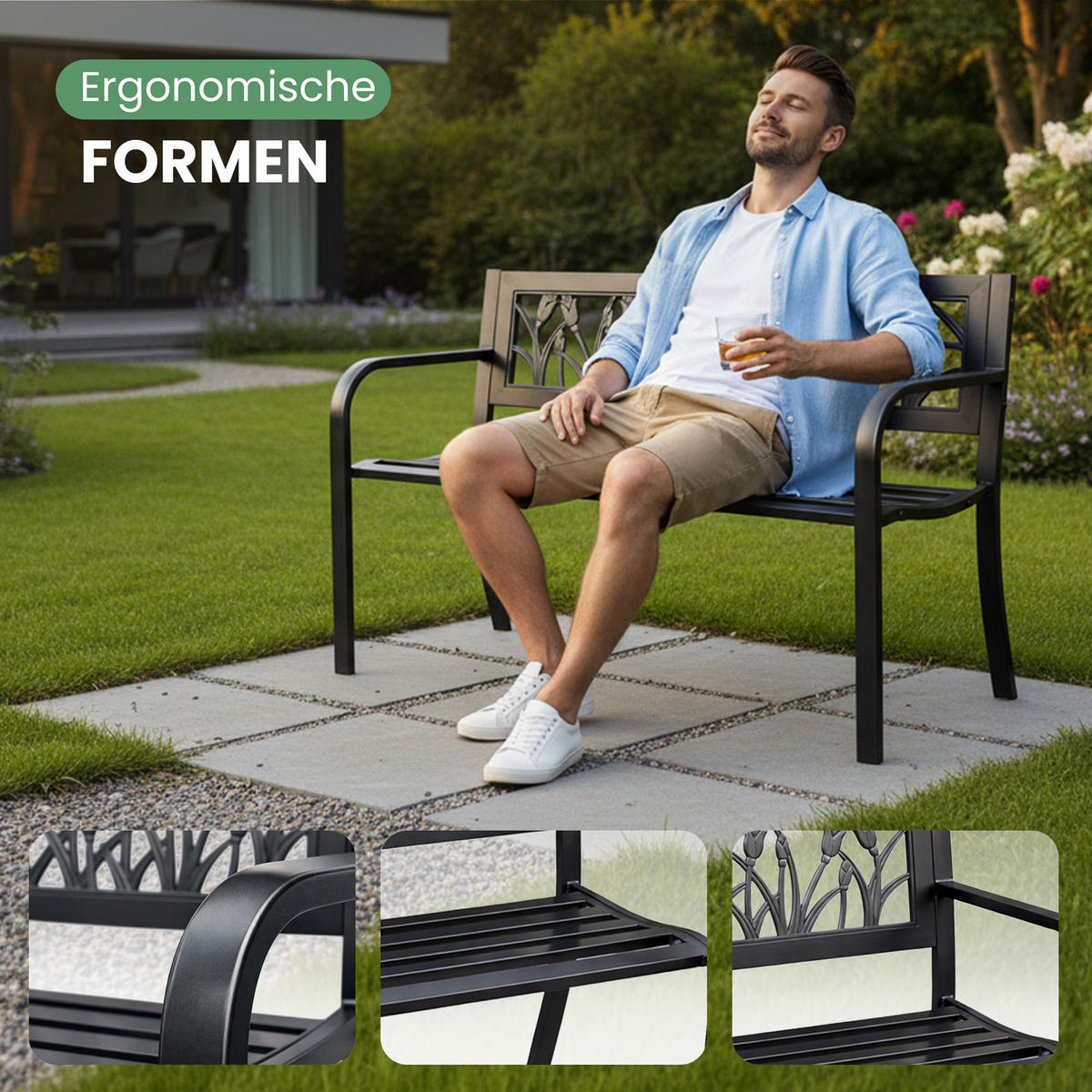 GARTENBANK LISSA Schwarz 124 x 75 x 50 cm - Schwarz, Metall (124/75/50cm) - Akord