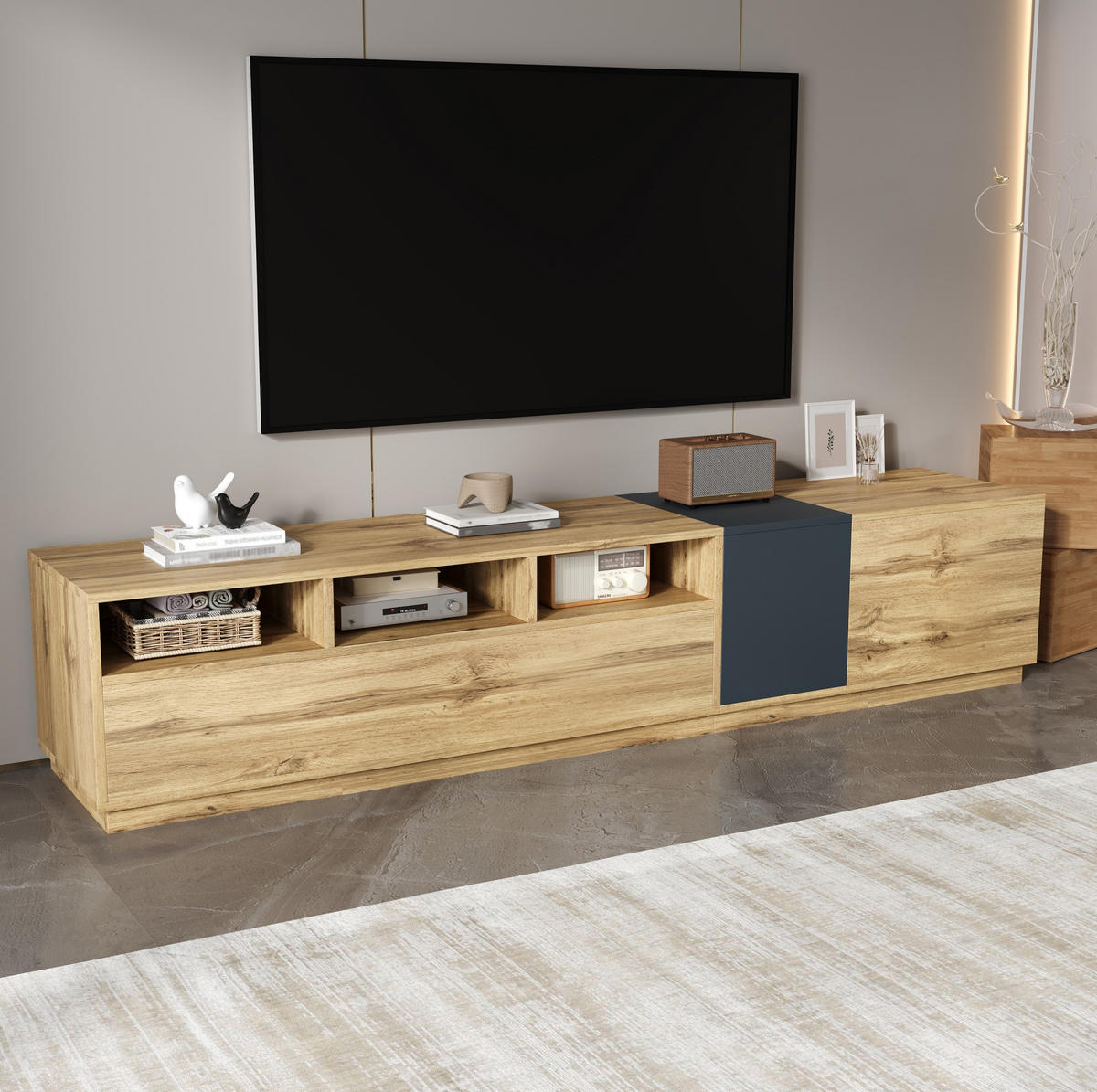 TV-SCHRANK aus Spanplatte 200x45x45 cm Schwarzgrau/Naturfarben mit Kabelöffnungen und Türen im Kontrastdesign - Schwarz, Holzwerkstoff (200/45/45cm) - Modfu