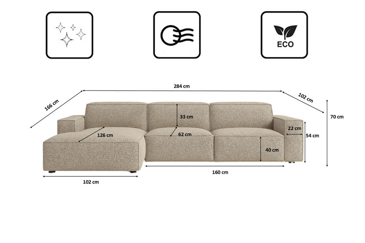 ECKSOFA Cursal L-Form, Stoff Artico, Beige, Links - Beige, Holz (284/166cm) - Kaiser Möbel