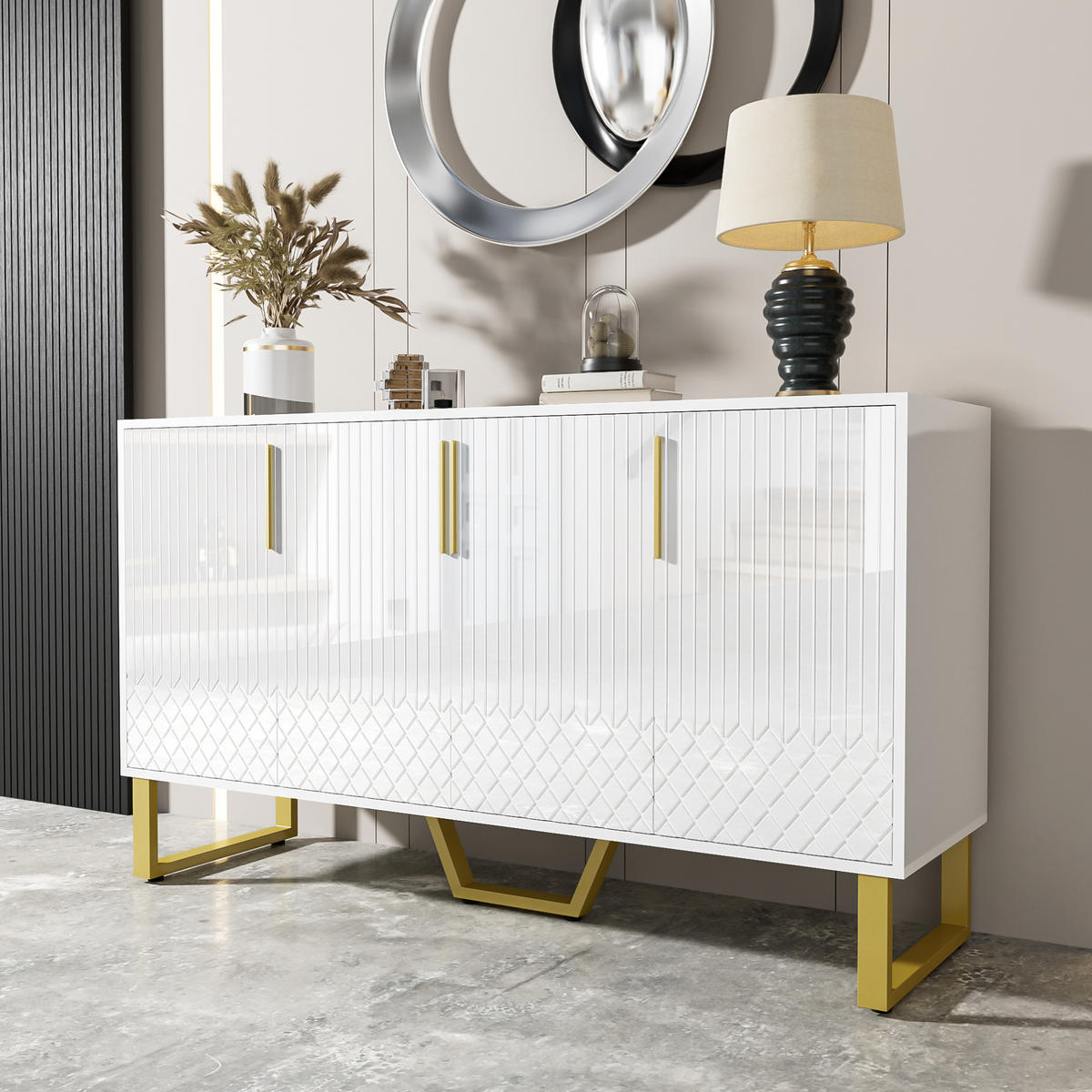 KOMMODE aus MDF 140x40x80cm in Weiß Hochglanz mit 4 Türen - Weiß, Holzwerkstoff (140/80/40cm) - Modfu