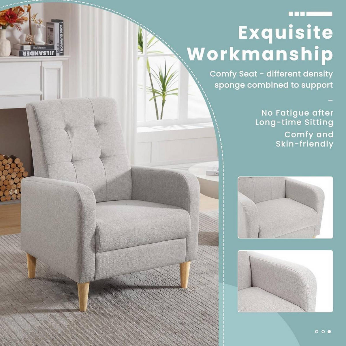 RELAXSESSEL mit Massivholzbeinen, Leinen, Hellgrau - Hellgrau, Holz/Holzwerkstoff (68/90.5/76cm) - Woltu